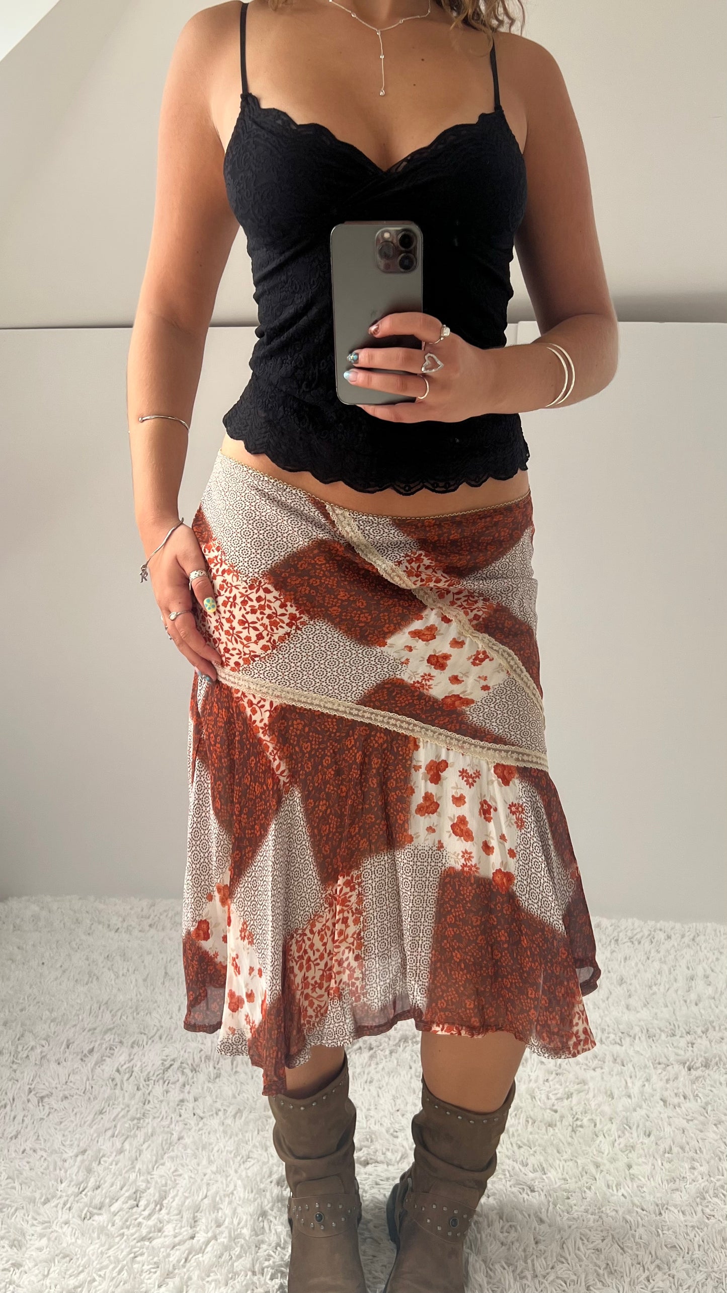 00s orange patchwork mesh midi skirt- size M