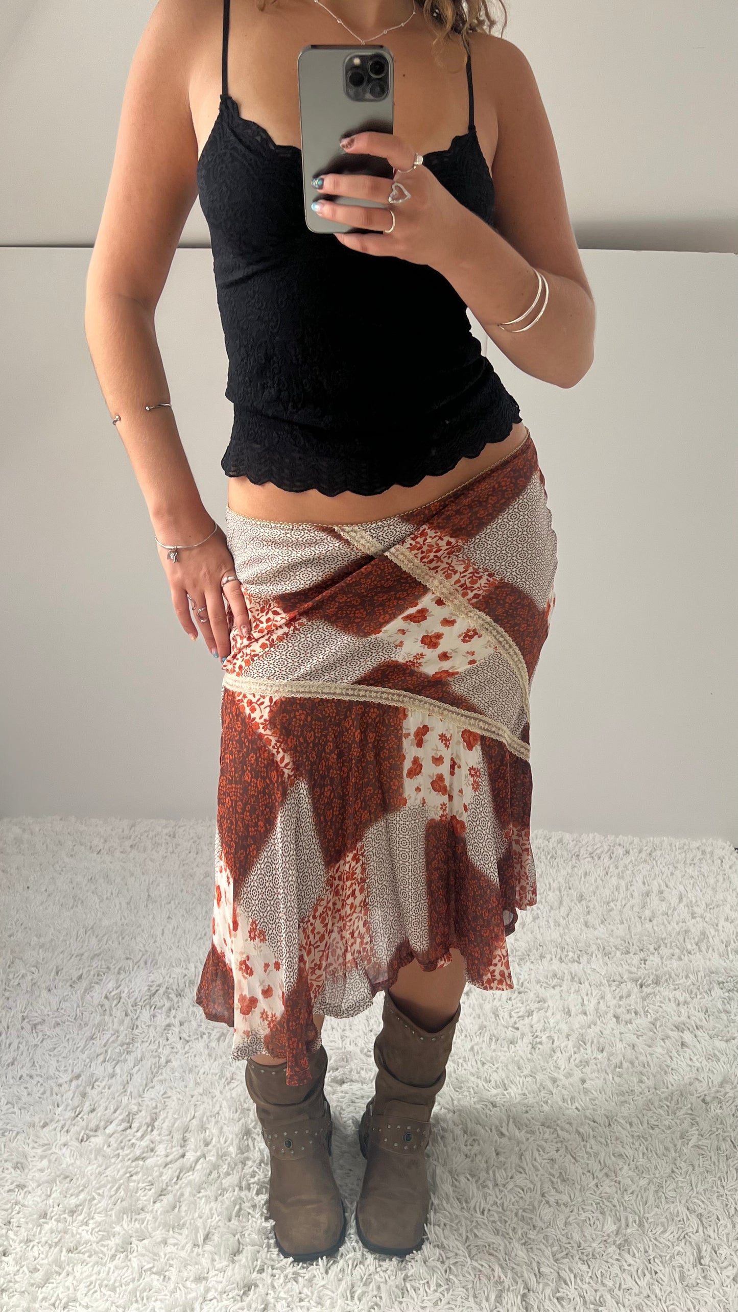 00s orange patchwork mesh midi skirt- size M