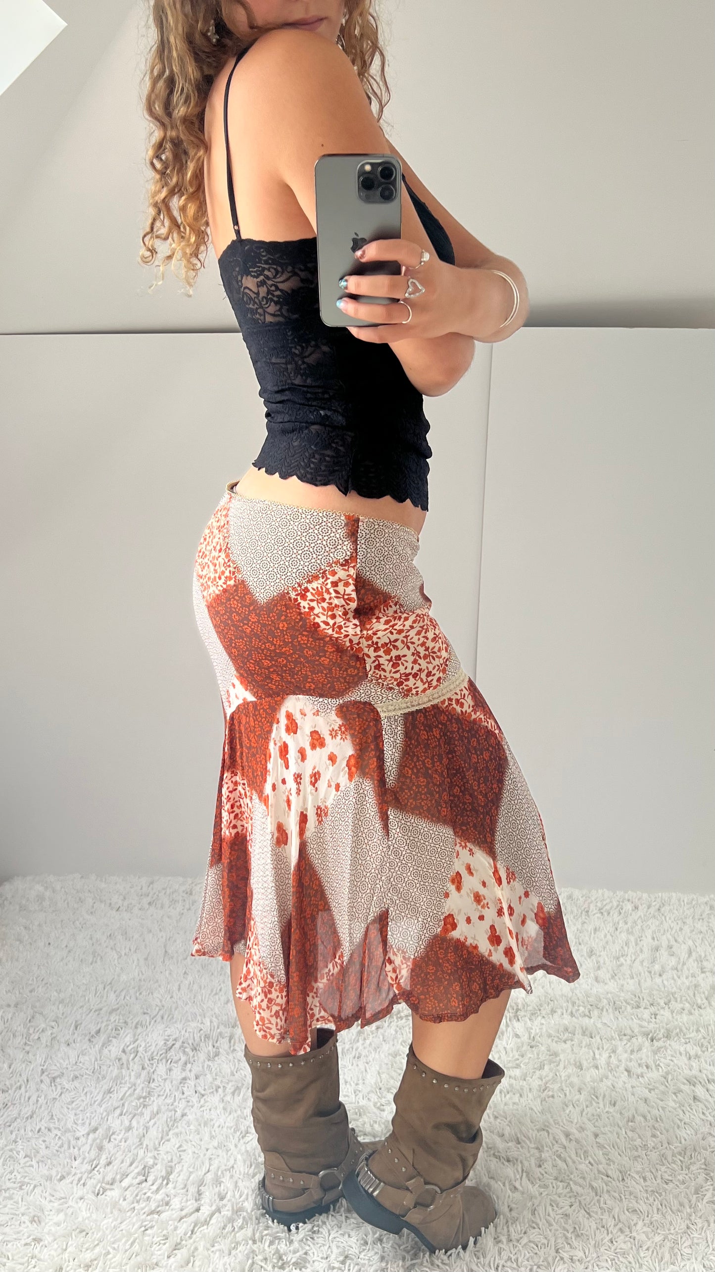 00s orange patchwork mesh midi skirt- size M