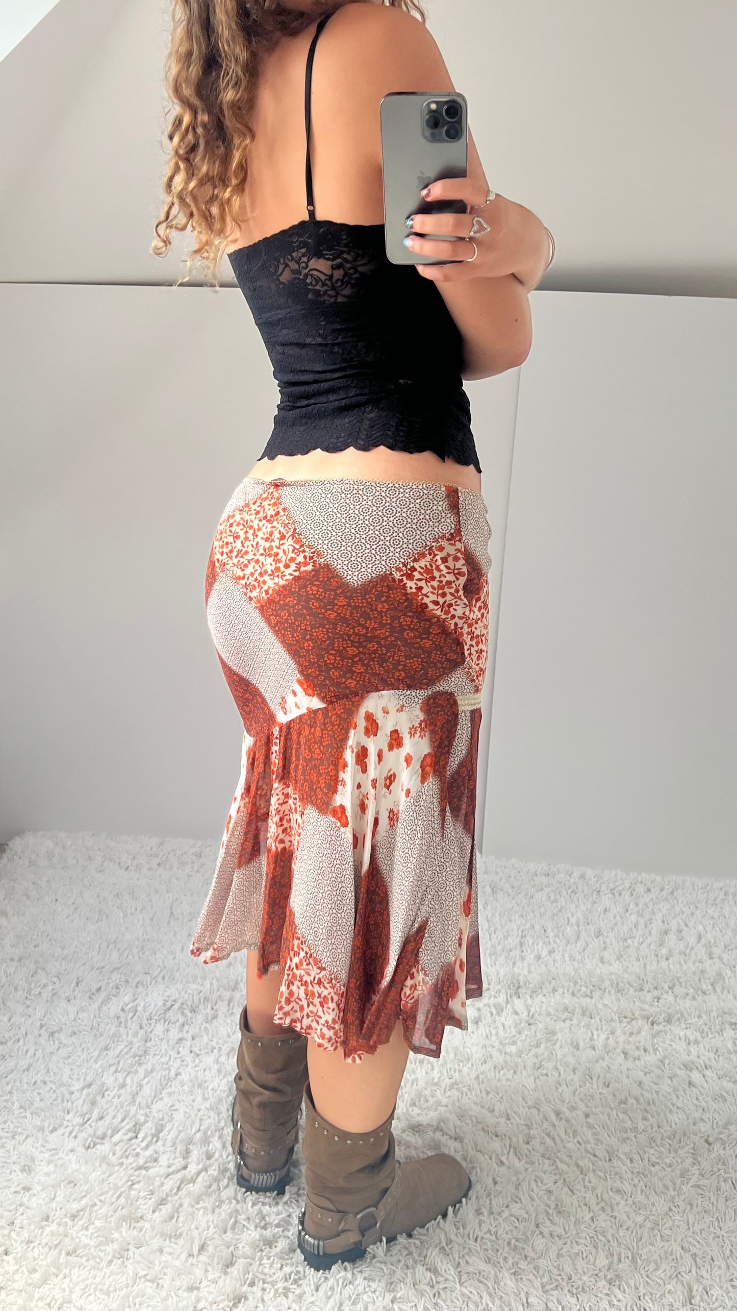 00s orange patchwork mesh midi skirt- size M