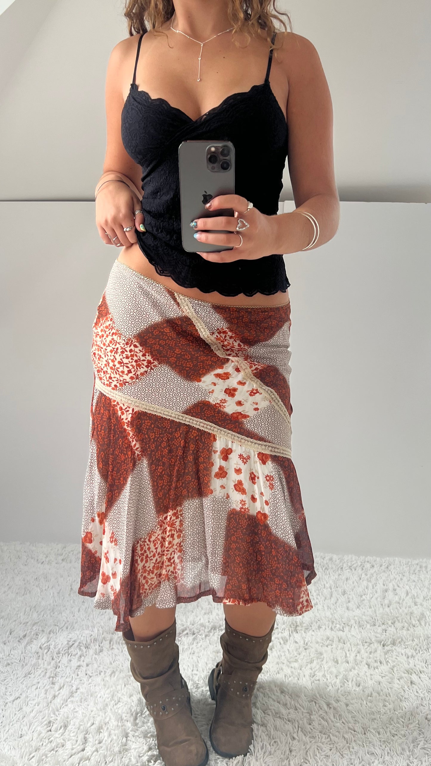 00s orange patchwork mesh midi skirt- size M