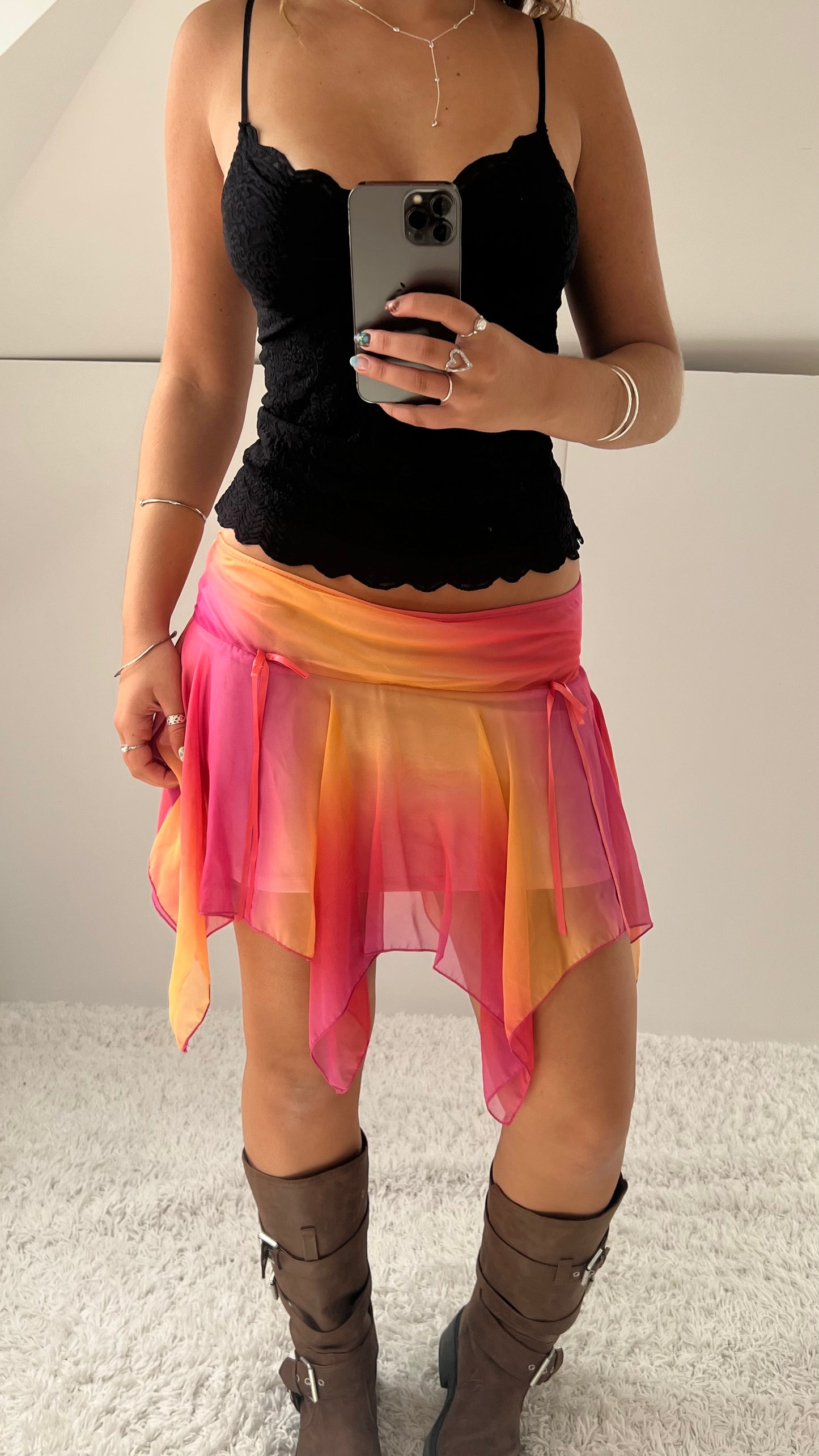 00s pink orange mesh mini skirt- size S