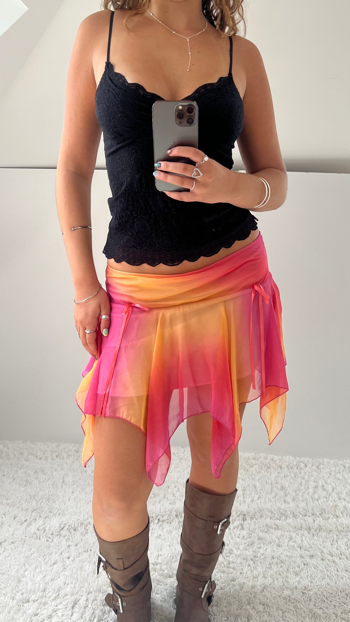 00s pink orange mesh mini skirt- size S