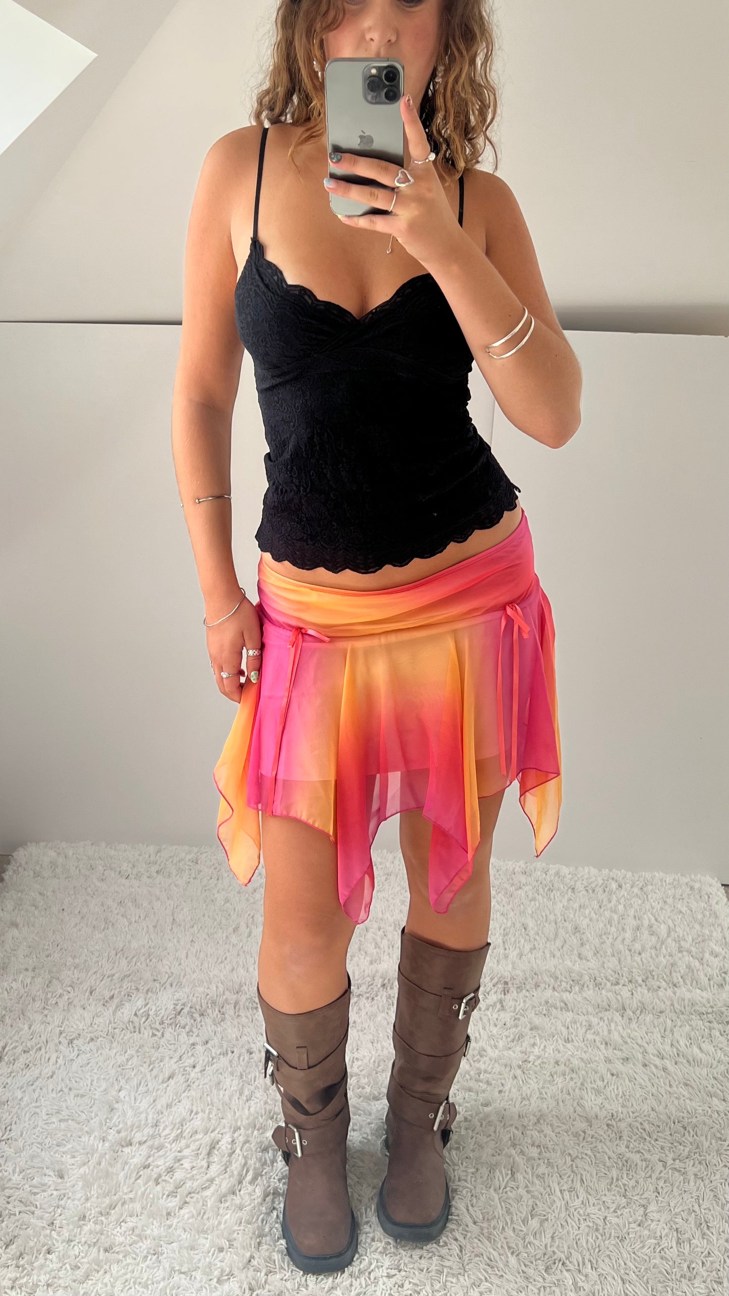 00s pink orange mesh mini skirt- size S