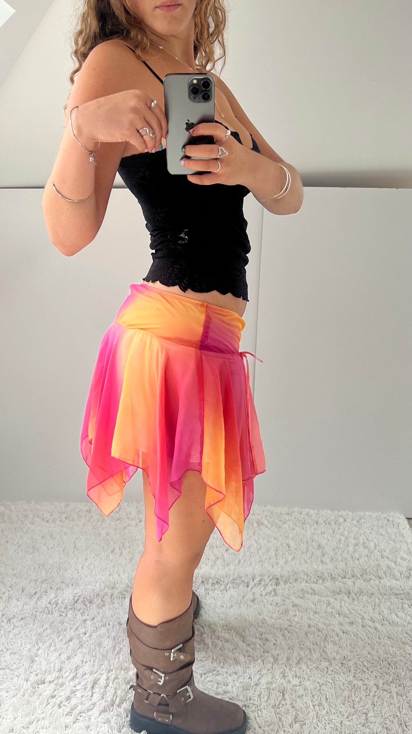 00s pink orange mesh mini skirt- size S