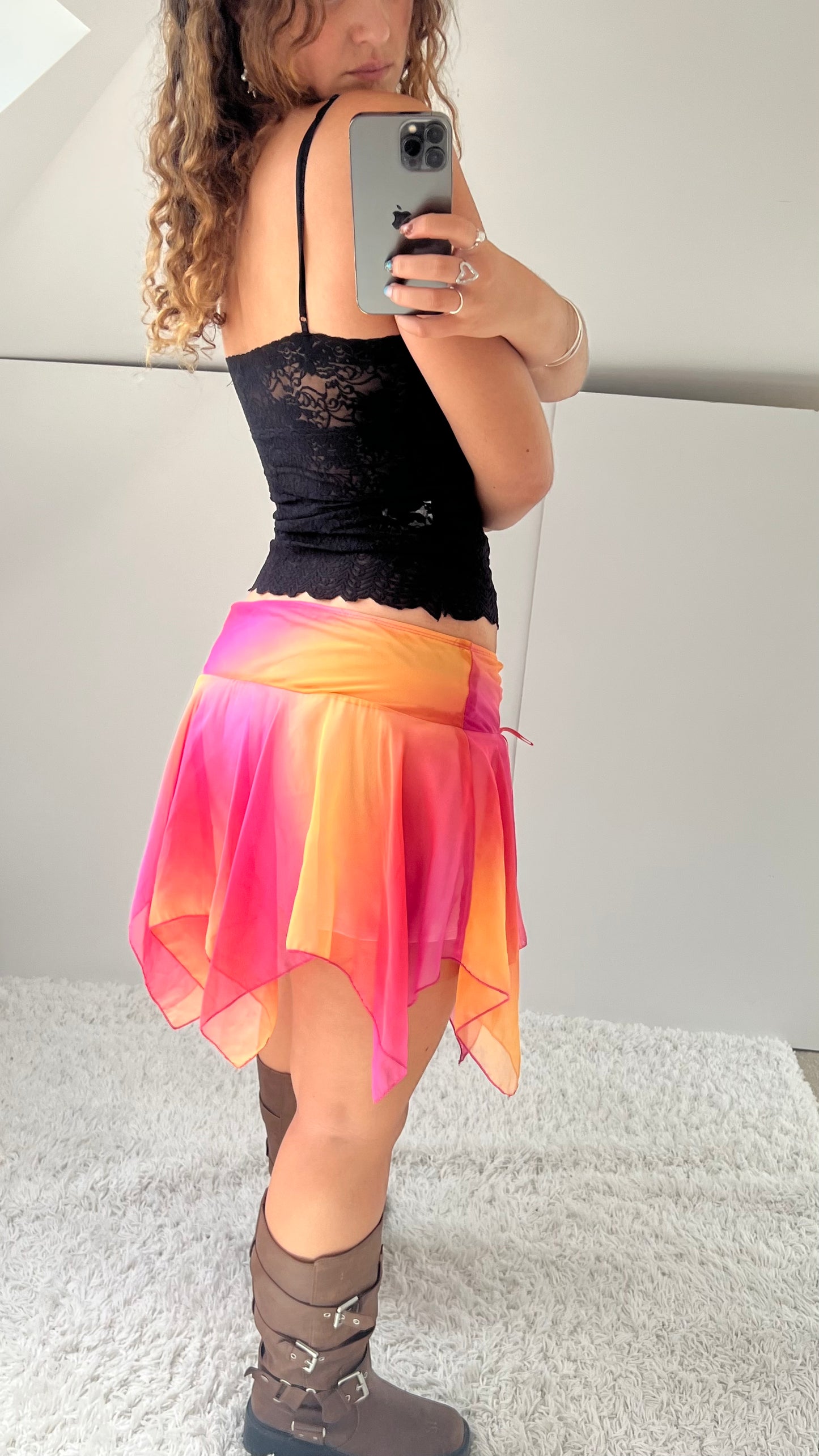 00s pink orange mesh mini skirt- size S