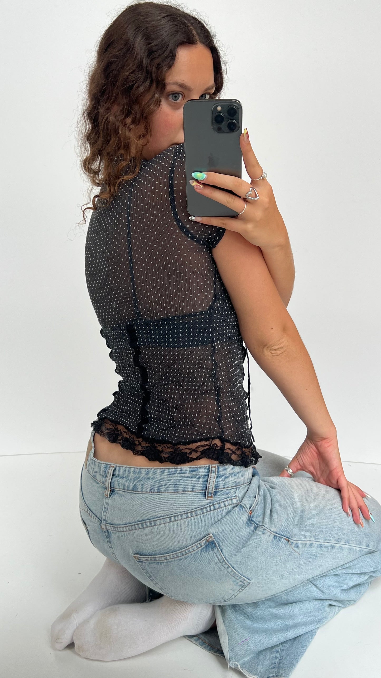 00s black polka dot top- size S