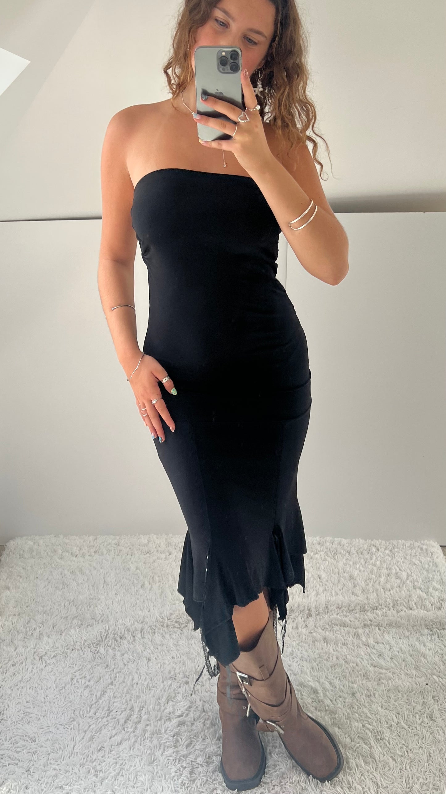 00s black slinky midi dress- size M