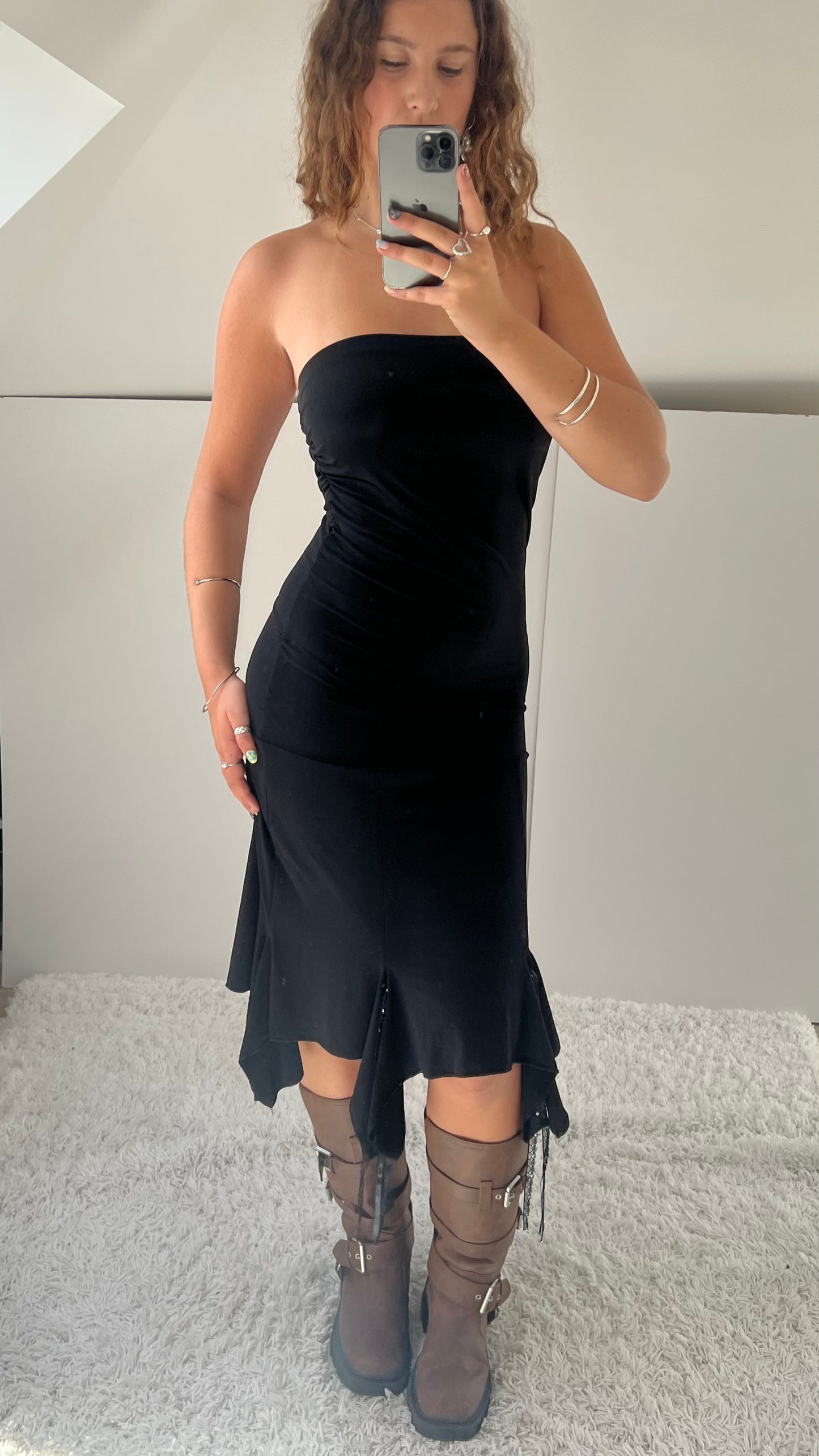 00s black slinky midi dress- size M
