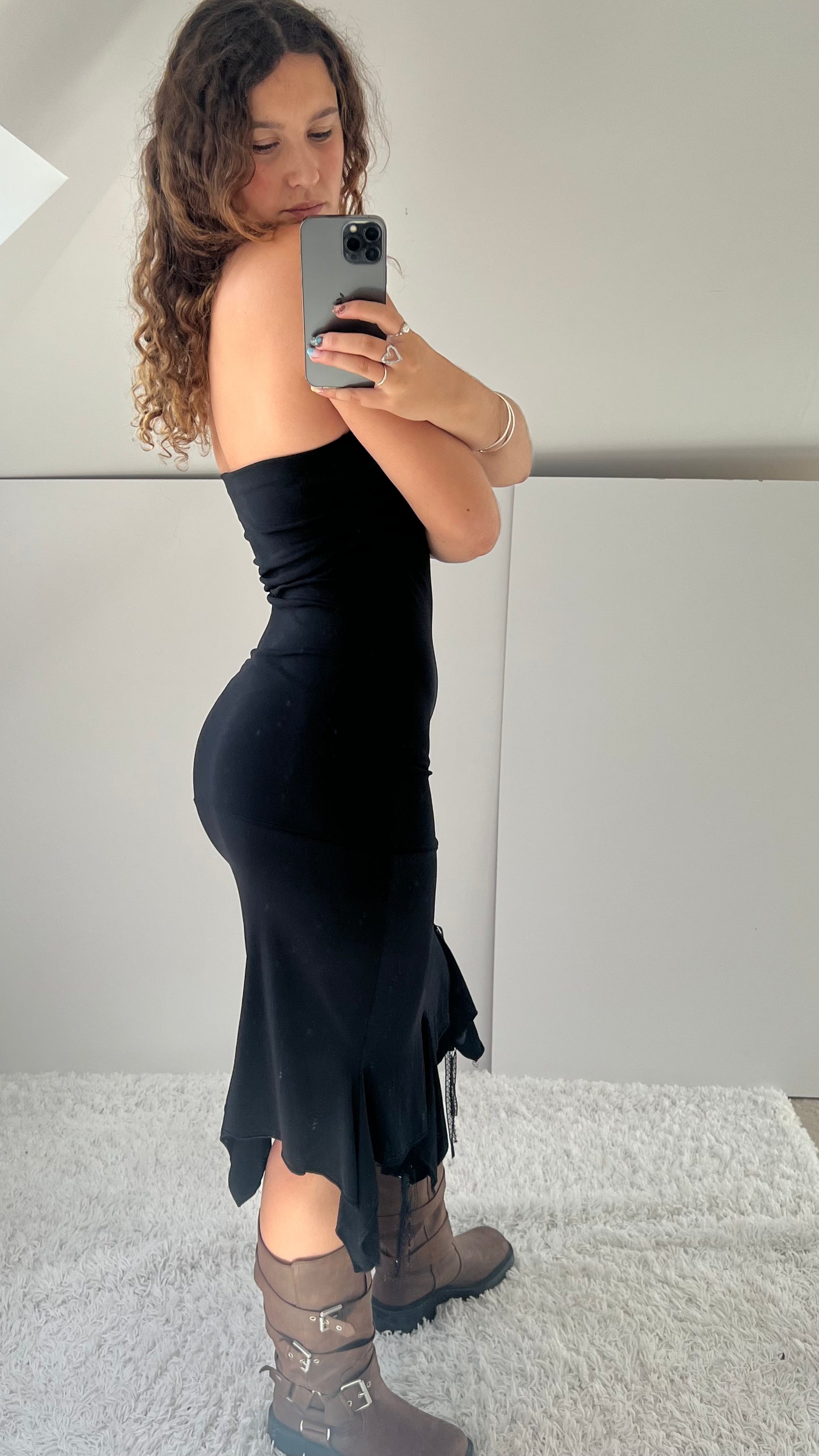 00s black slinky midi dress- size M