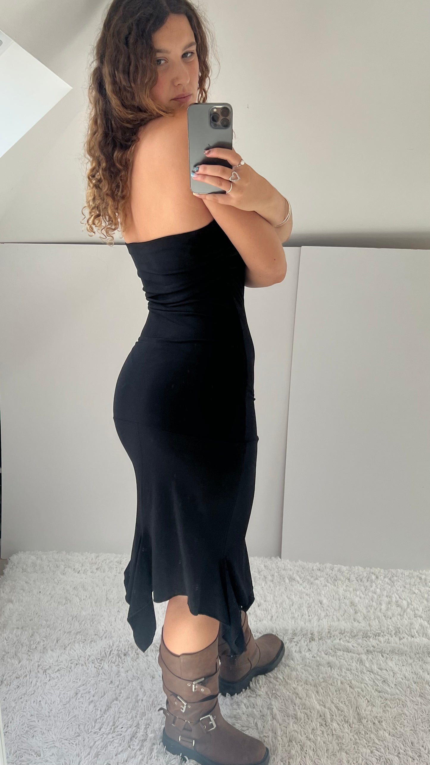 00s black slinky midi dress- size M