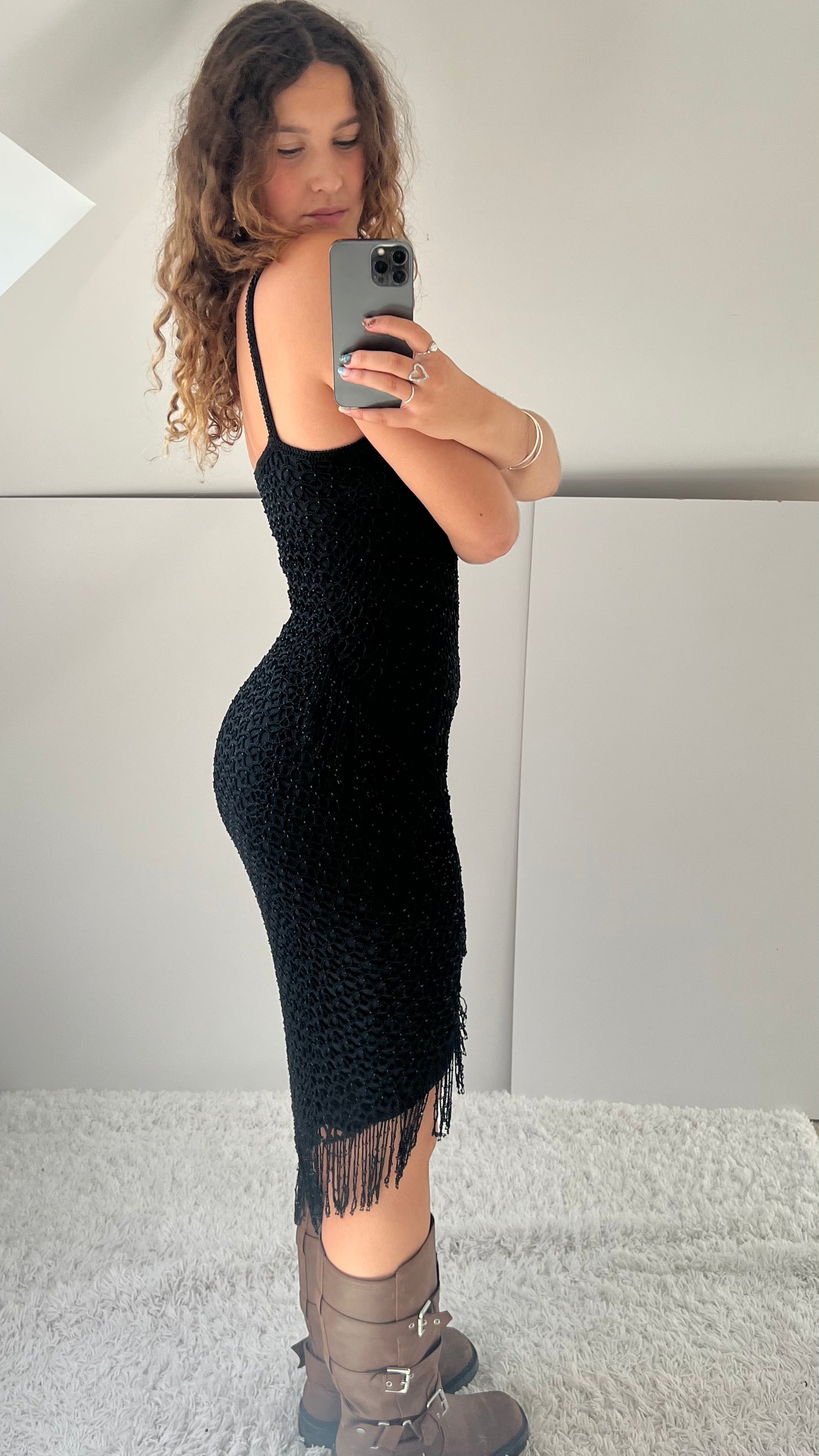 00s black beaded crochet midi dress- size S