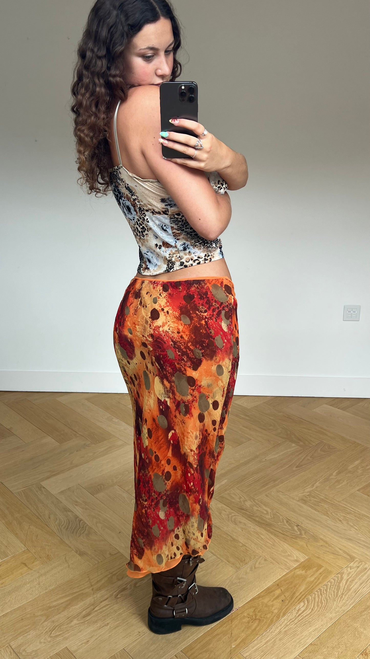 00s orange mesh maxi skirt- size L