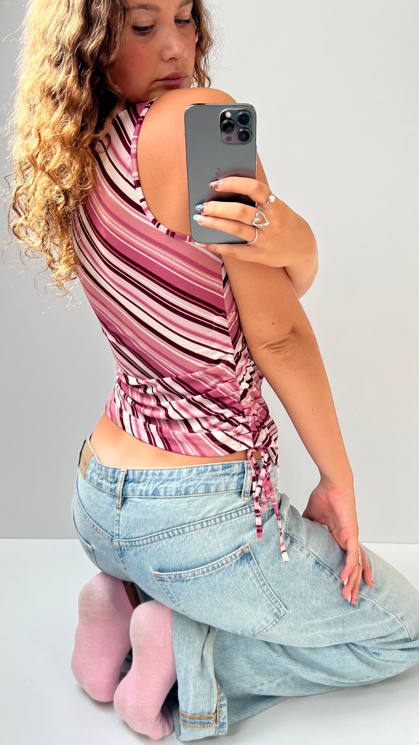 00s pink striped top- size S