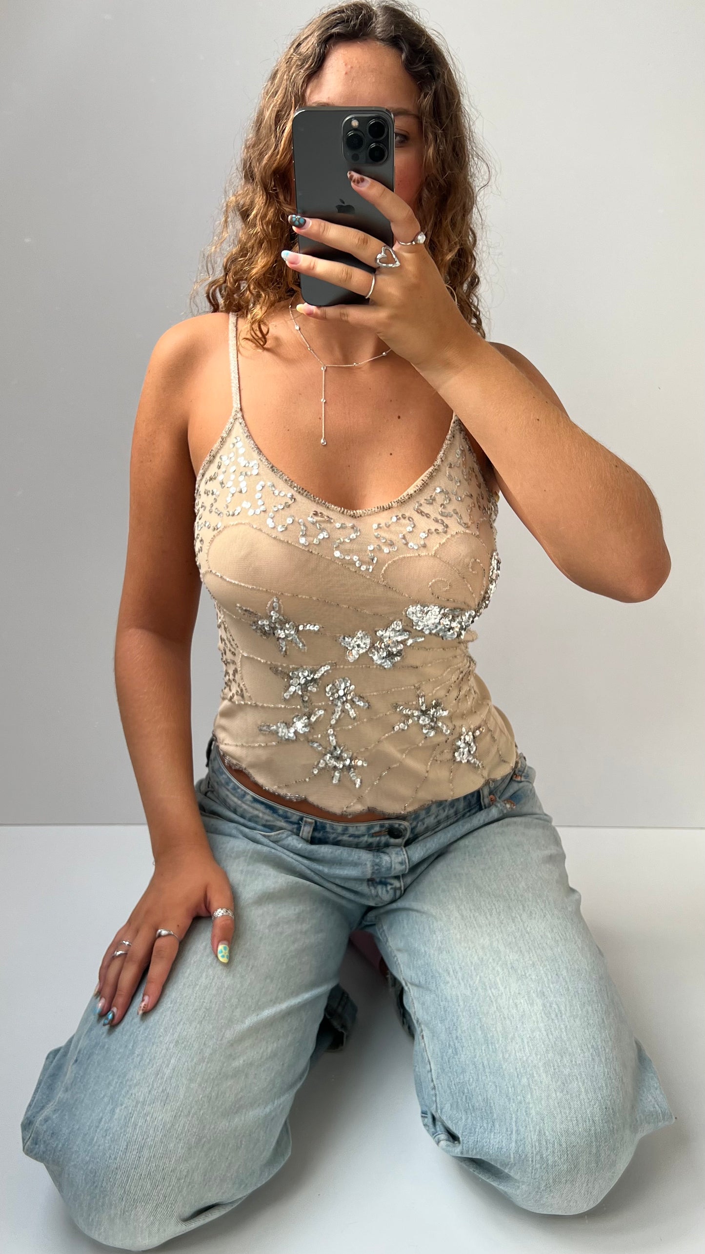 00s cream butterfly sequin cami- size S