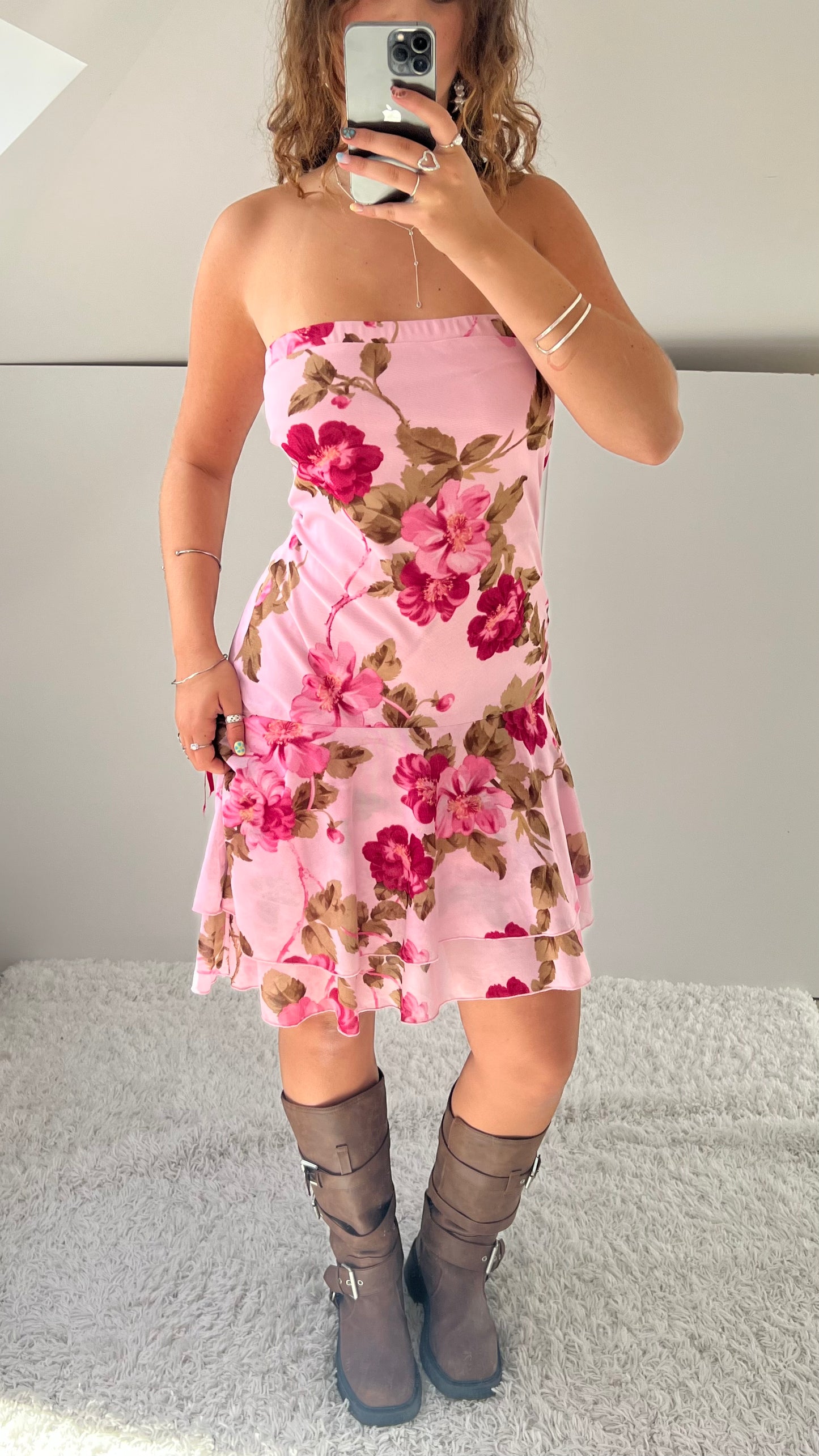 00s pink floral midi dress- size L