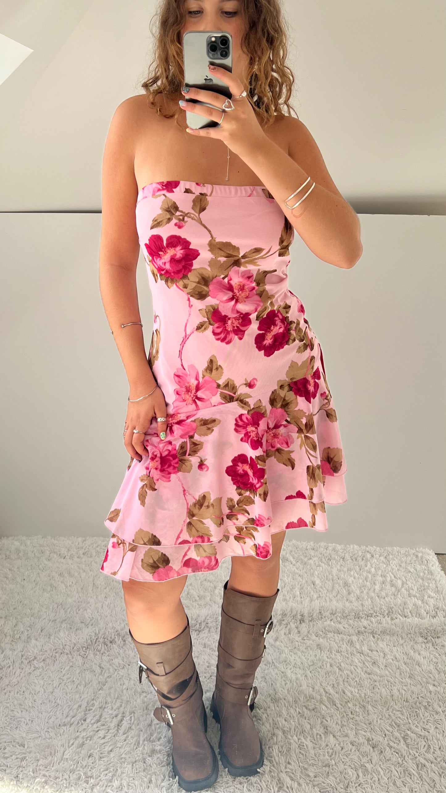 00s pink floral midi dress- size L