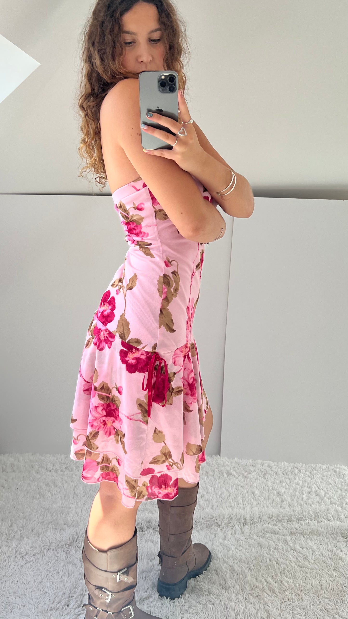 00s pink floral midi dress- size L