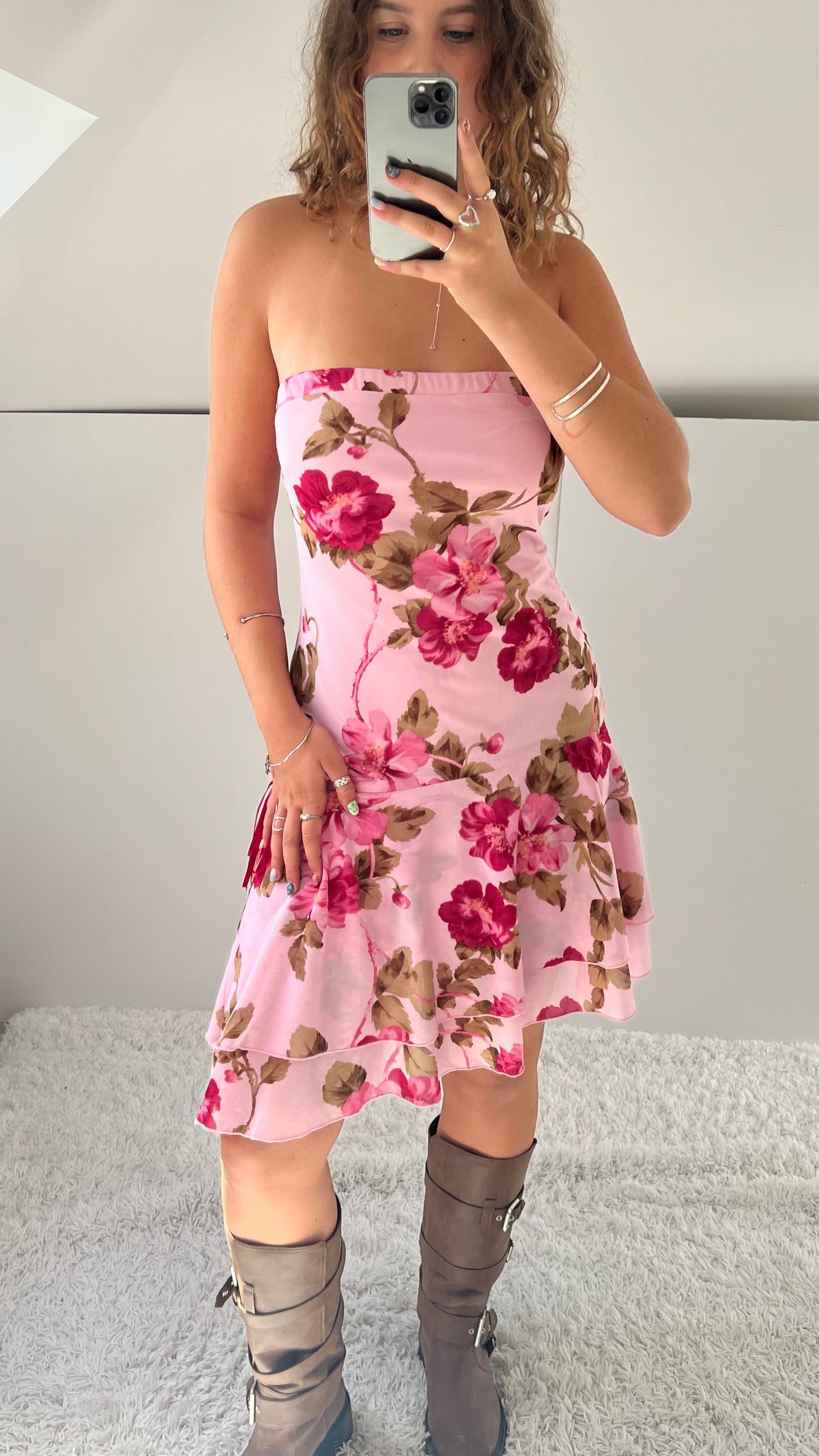 00s pink floral midi dress- size L