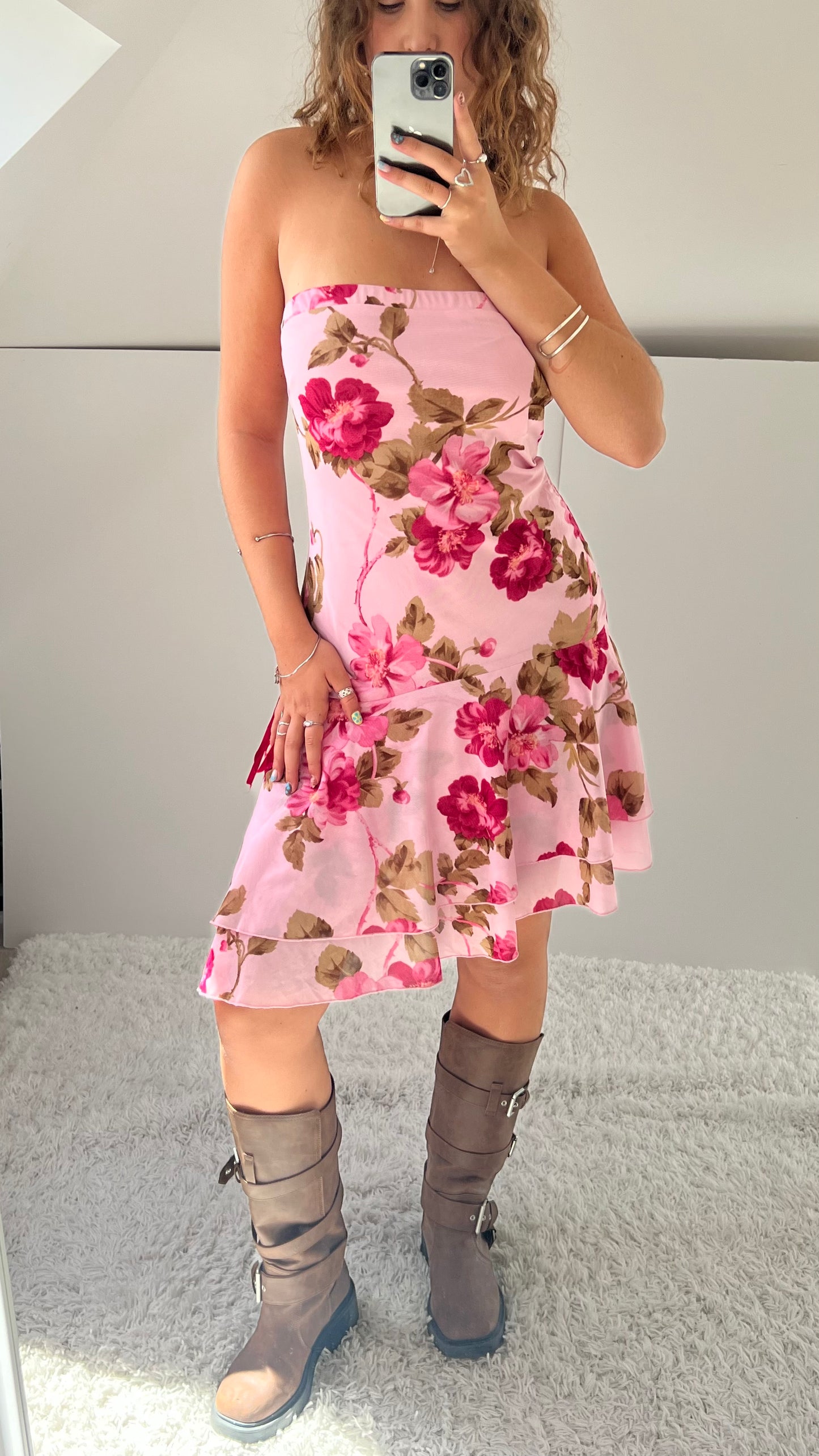 00s pink floral midi dress- size L