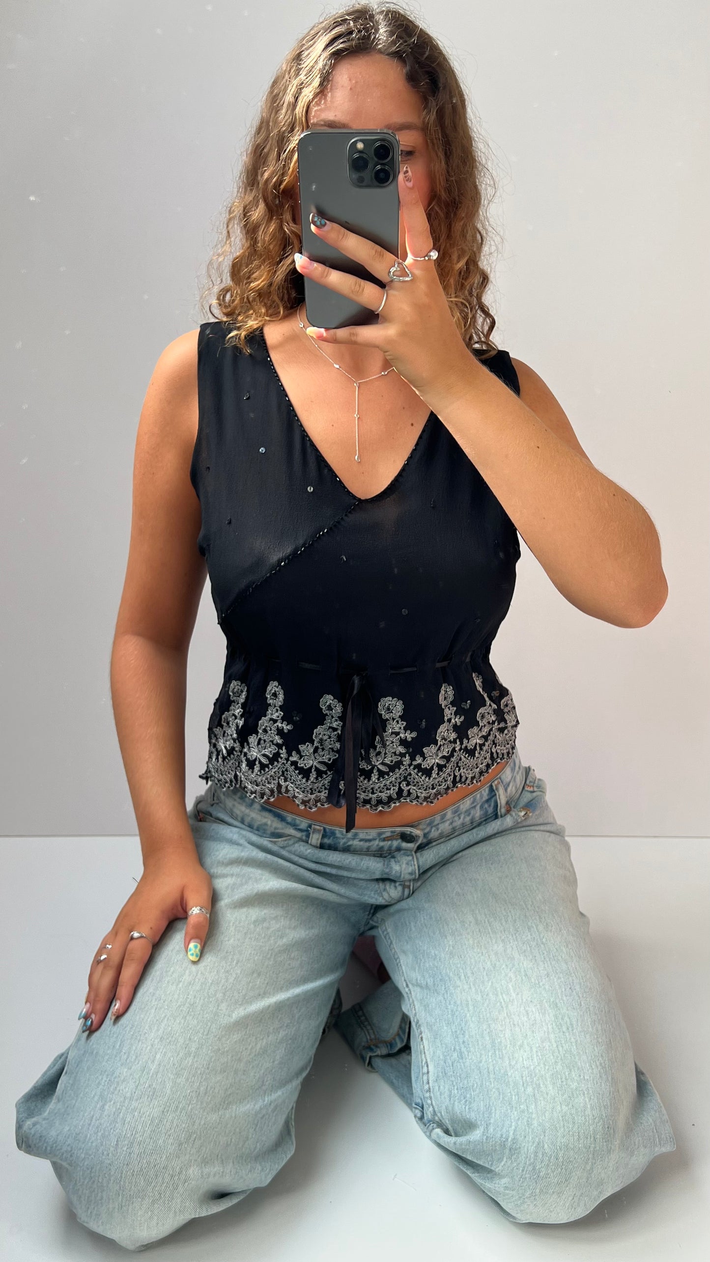 00s silk black babydoll top- size M.