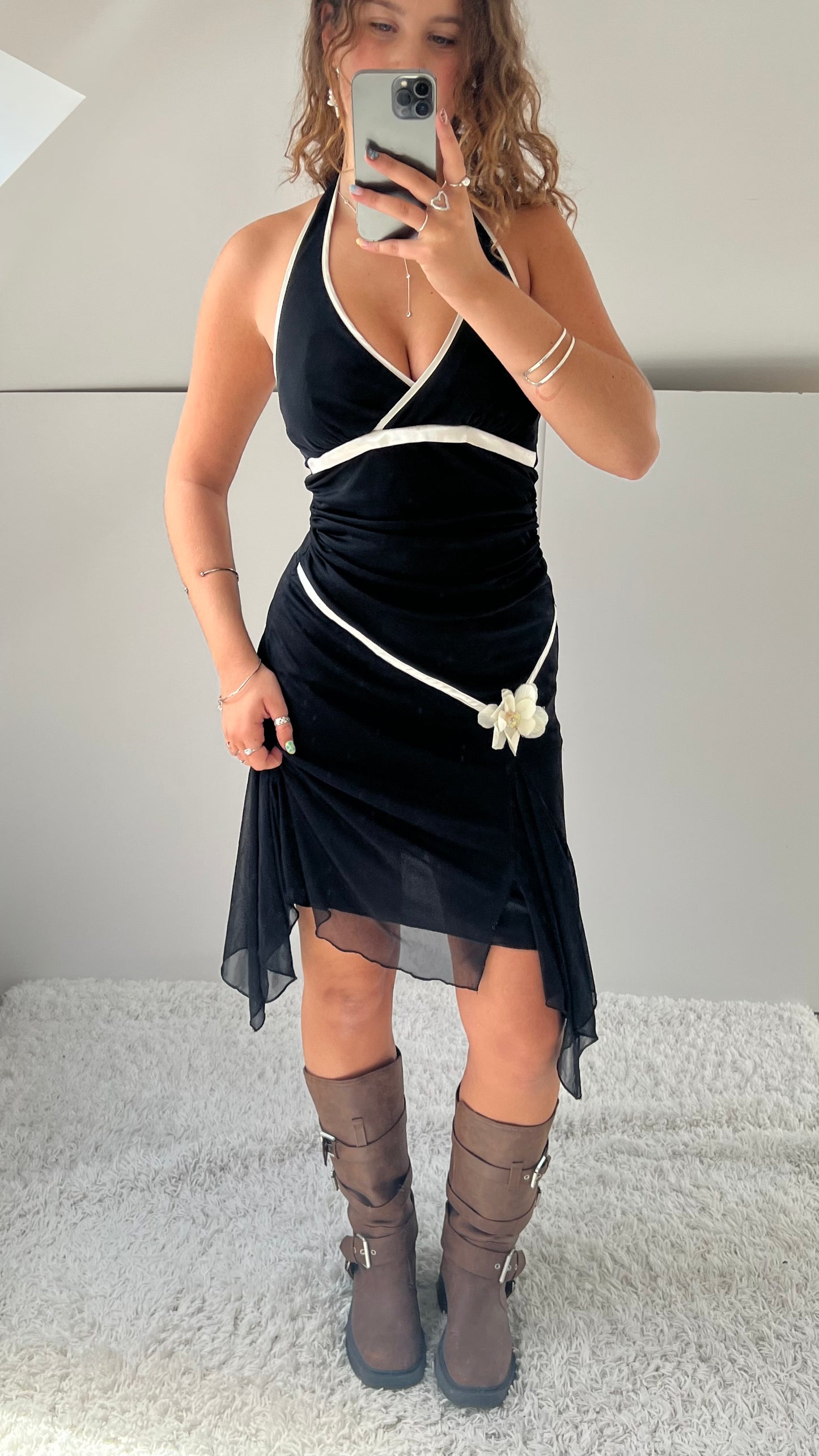 00s black halter mini dress- size S
