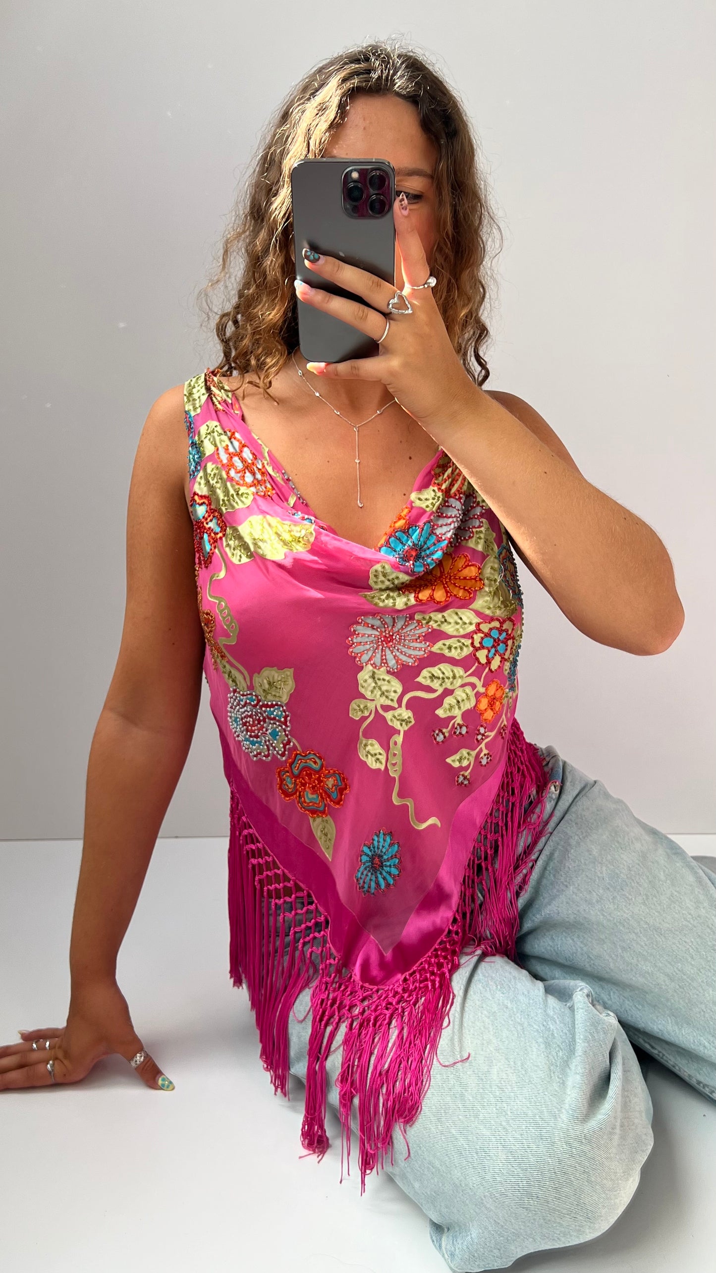 00s pink sequin cowl neck top- size L