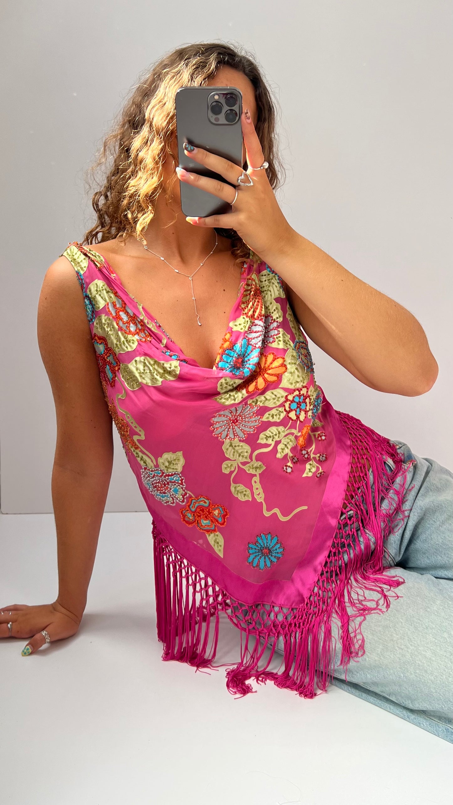 00s pink sequin cowl neck top- size L