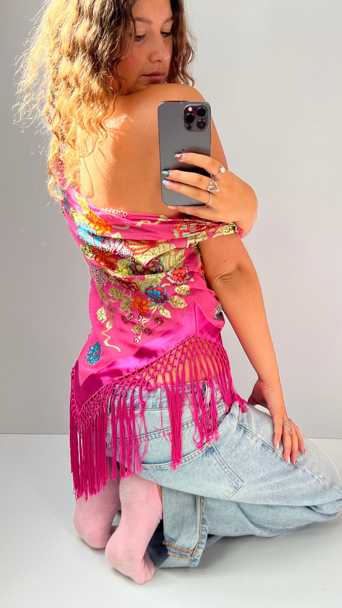 00s pink sequin cowl neck top- size L