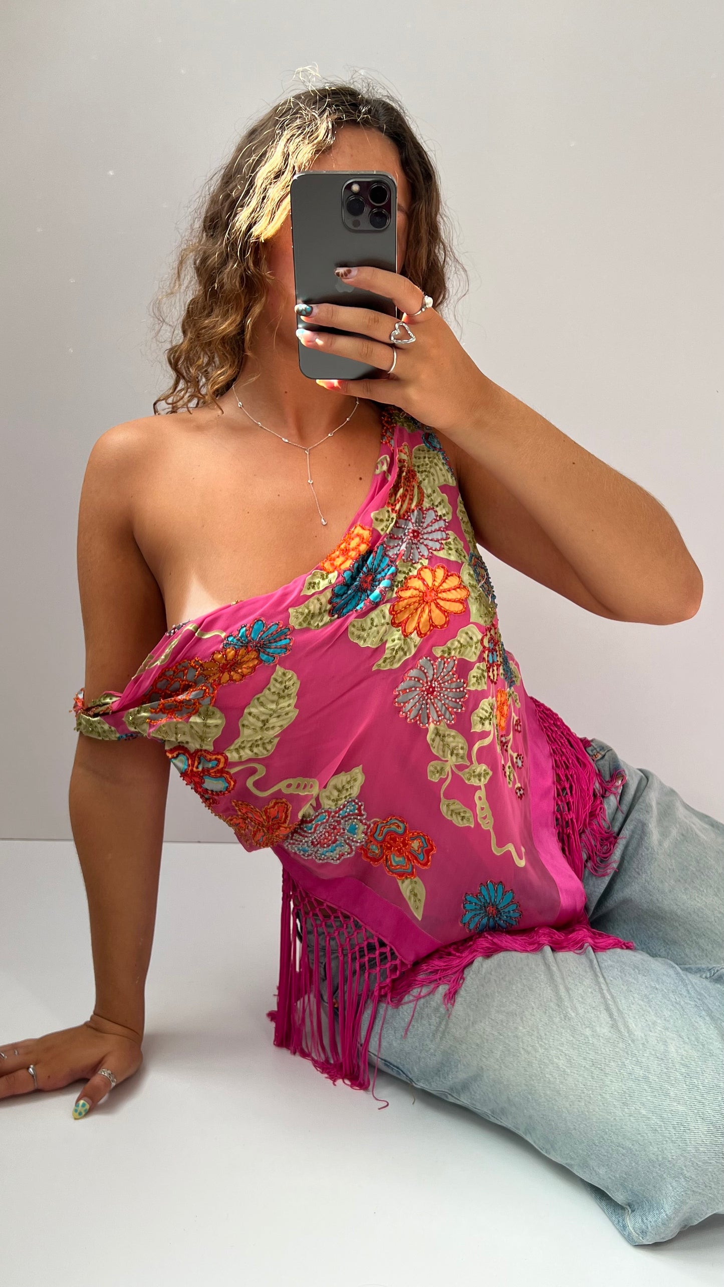 00s pink sequin cowl neck top- size L