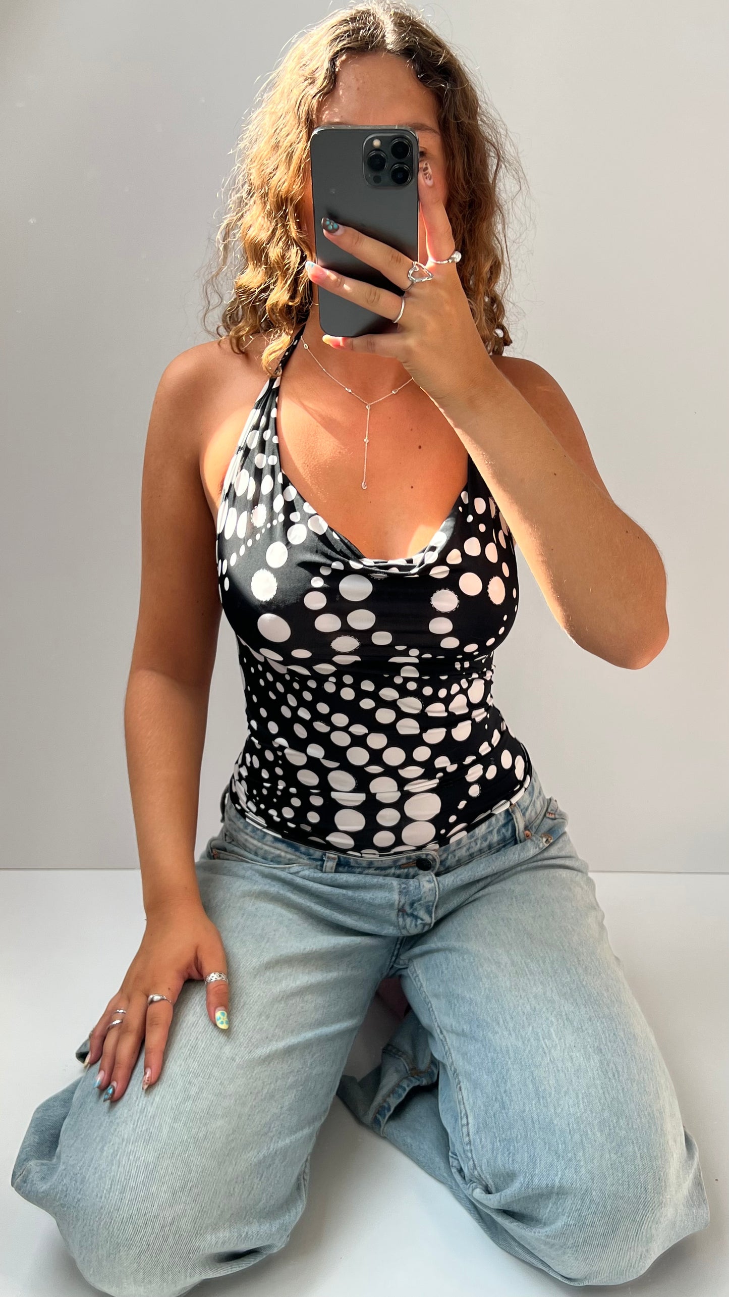 00s black polka dot halter cami- size S
