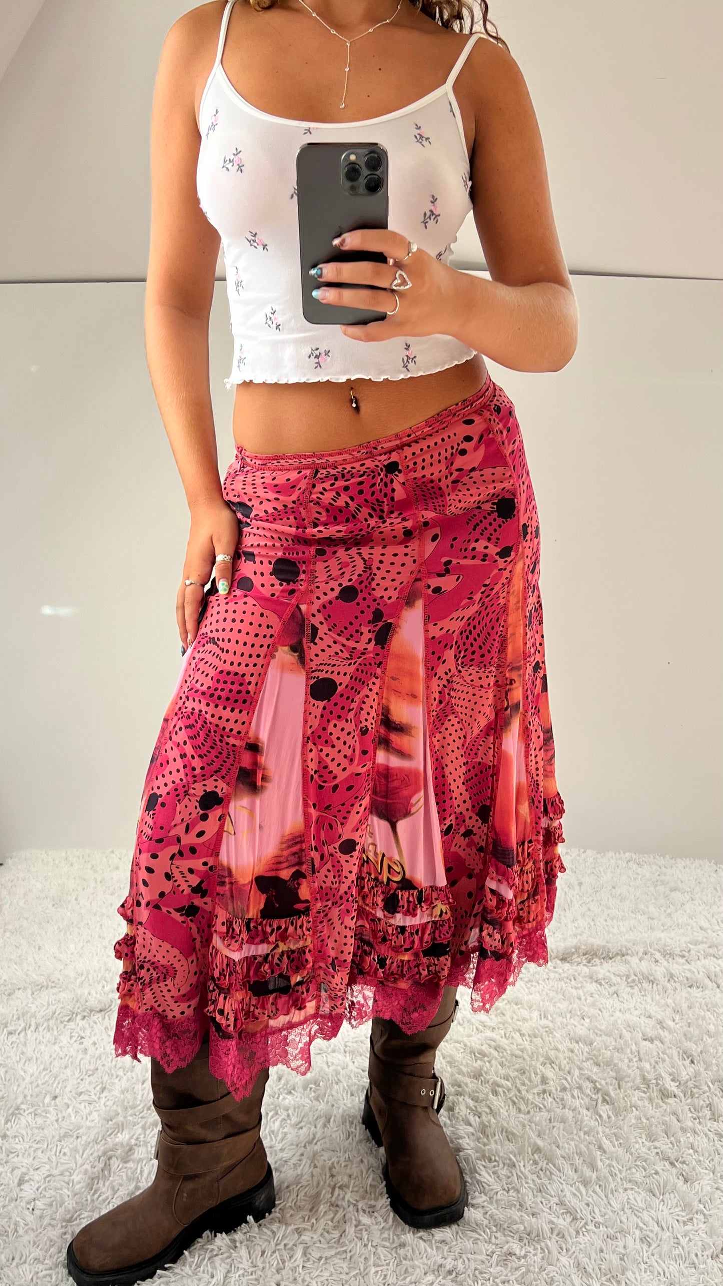 00s pink patchwork mesh midi skirt- size S