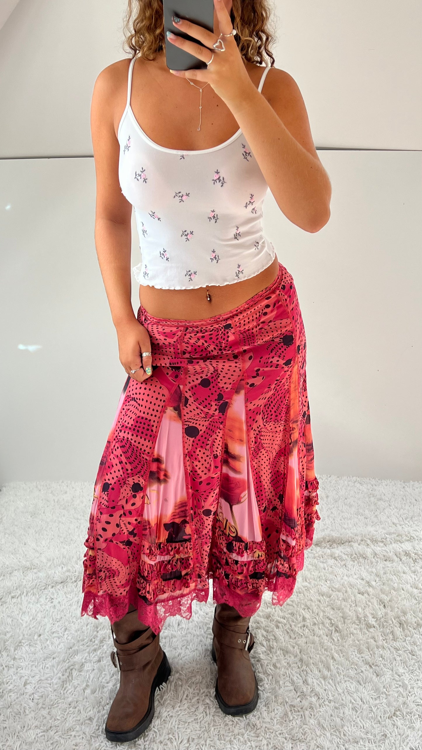 00s pink patchwork mesh midi skirt- size S