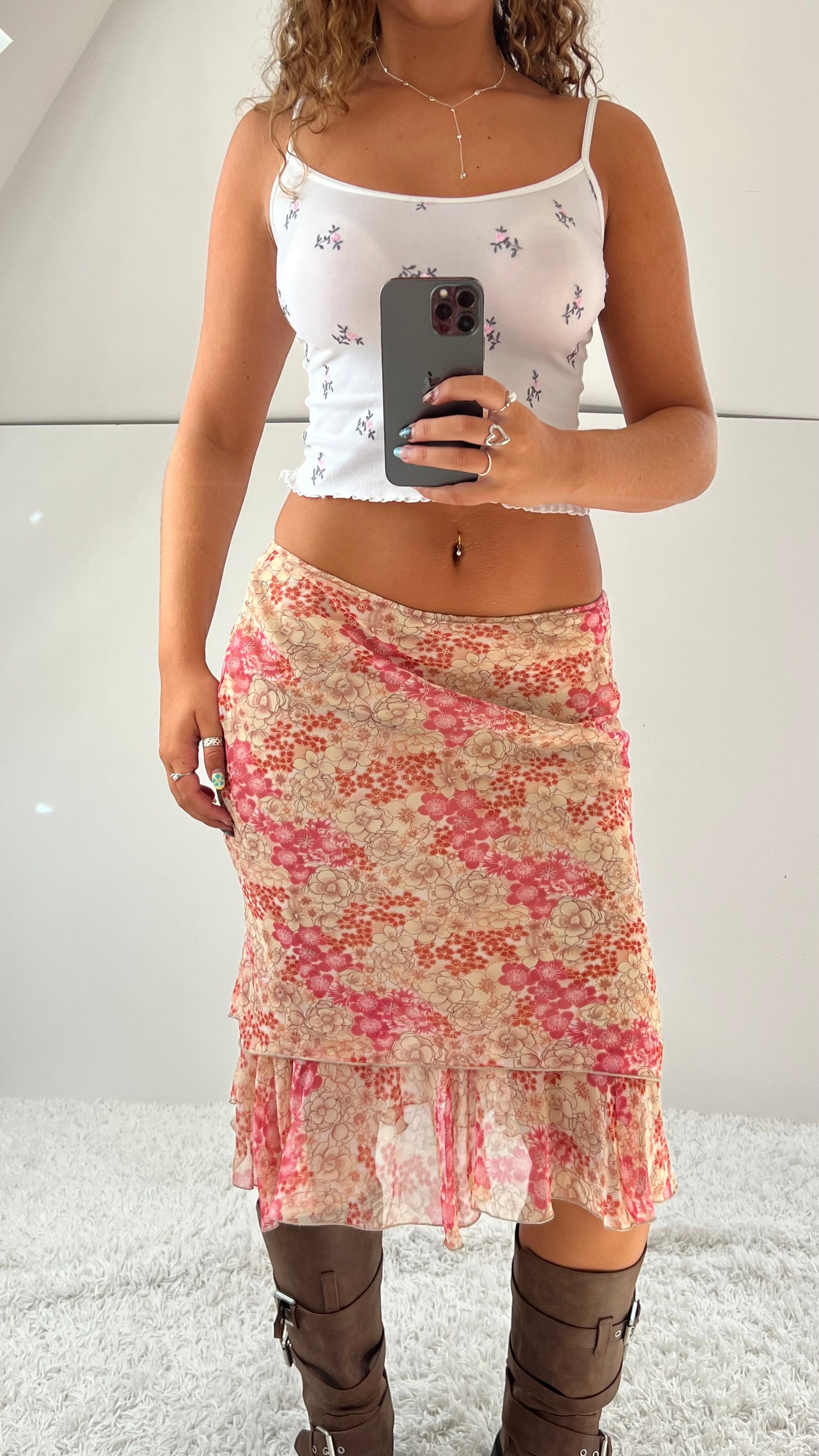 00s pink floral mesh midi skirt- size S/M