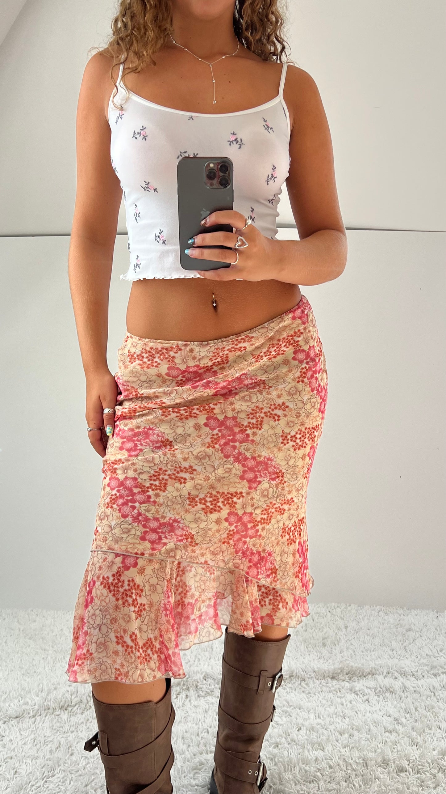 00s pink floral mesh midi skirt- size S/M