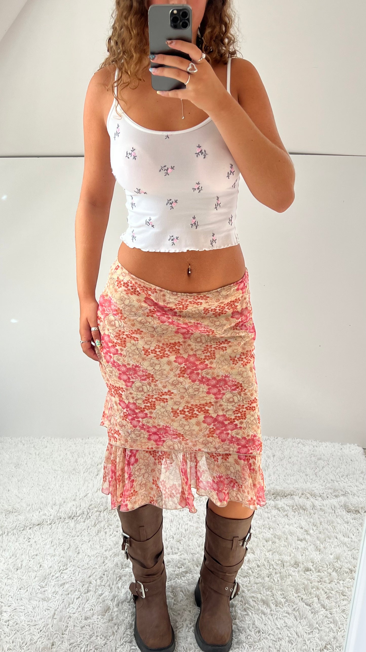 00s pink floral mesh midi skirt- size S/M