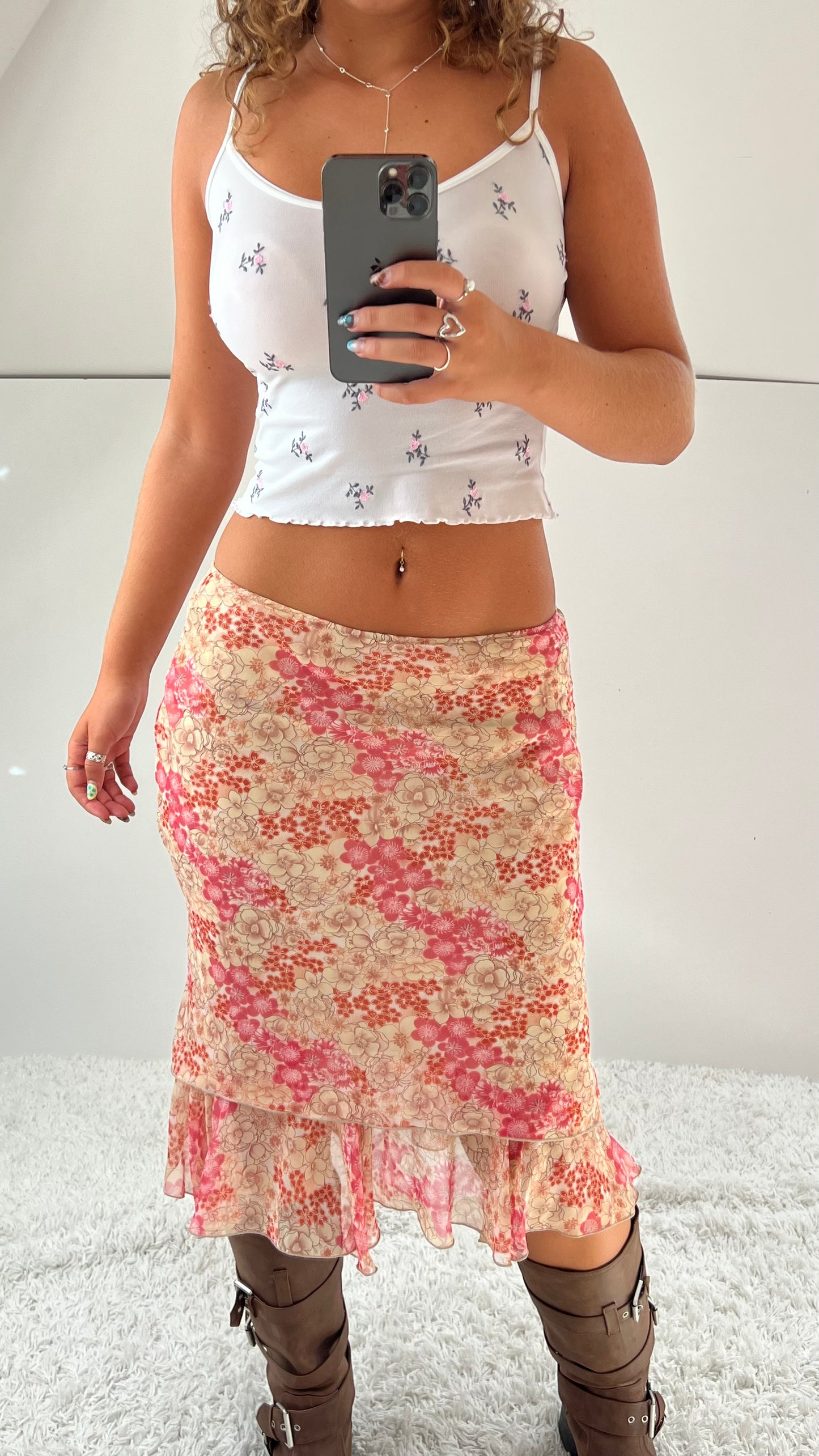 00s pink floral mesh midi skirt- size S/M