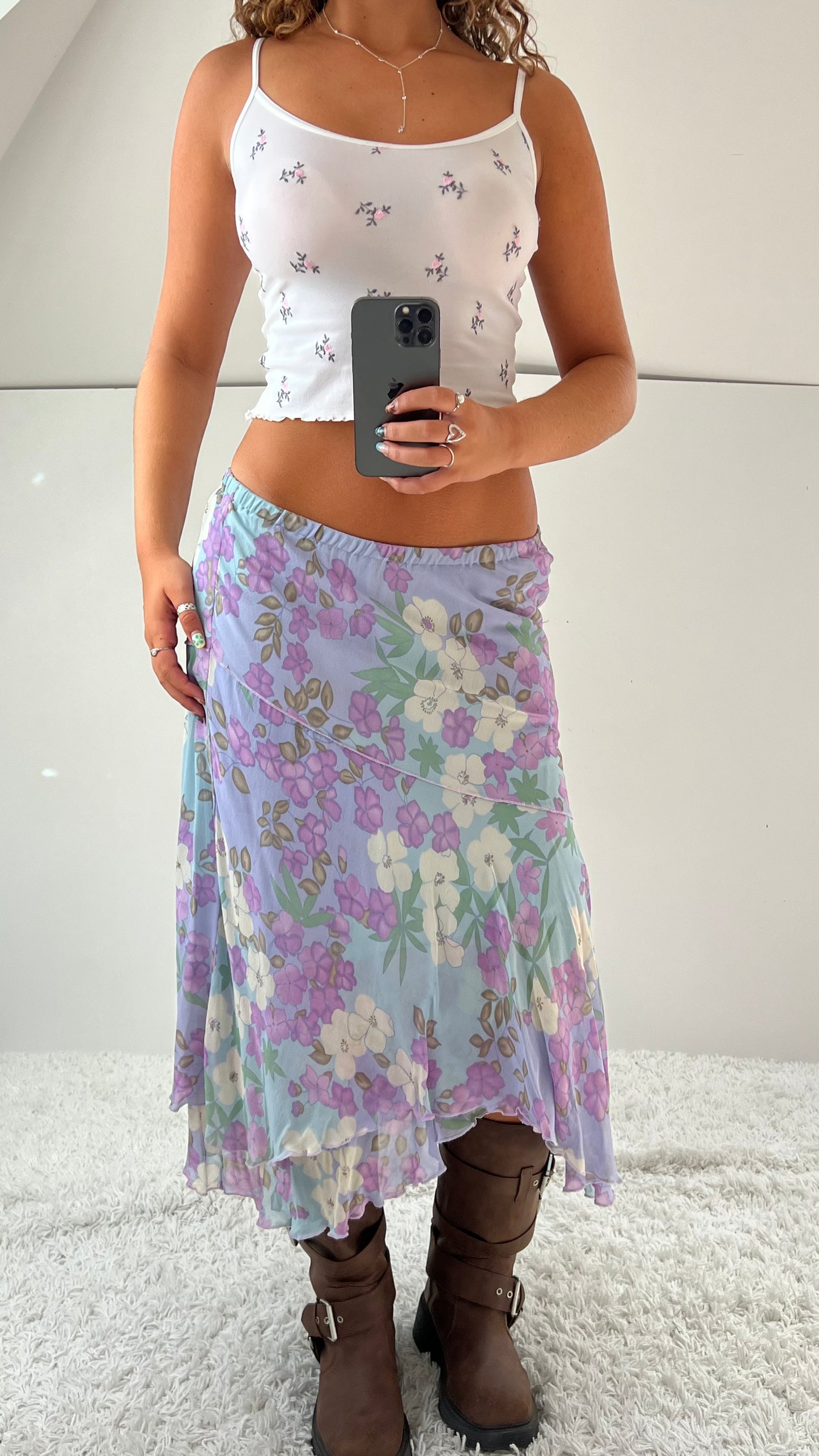00s lilac floral mesh midi skirt- size S/M