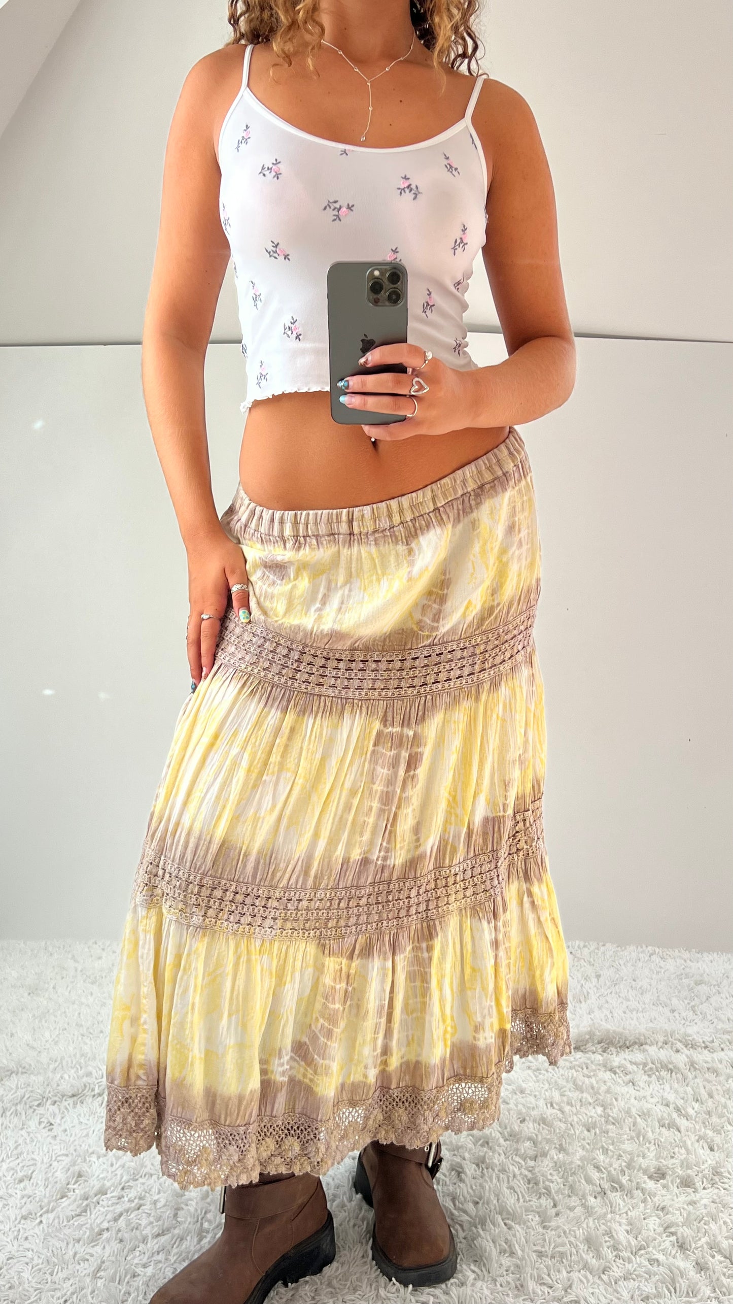 00s boho yellow tiered maxi skirt- size M