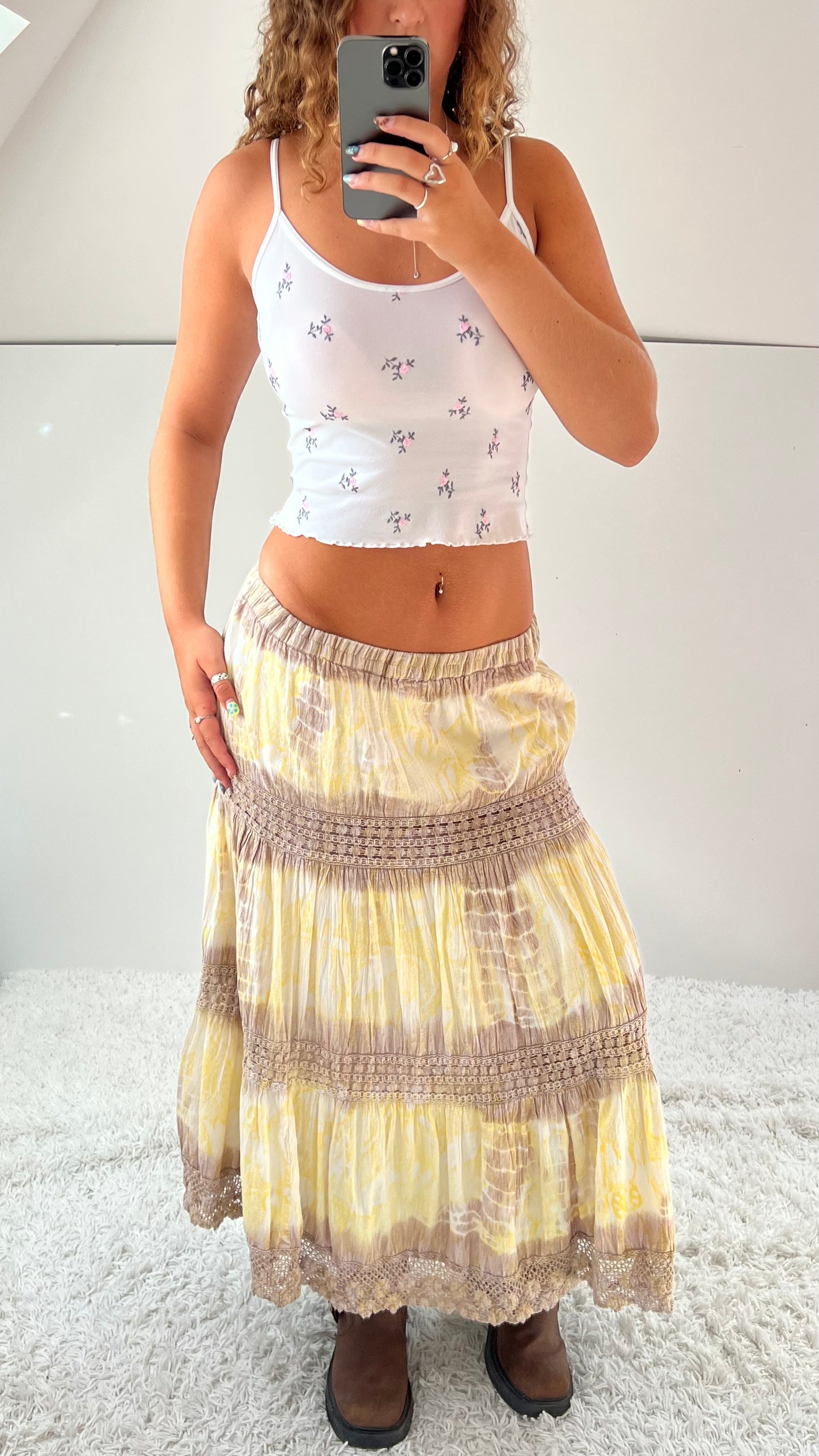 00s boho yellow tiered maxi skirt- size M