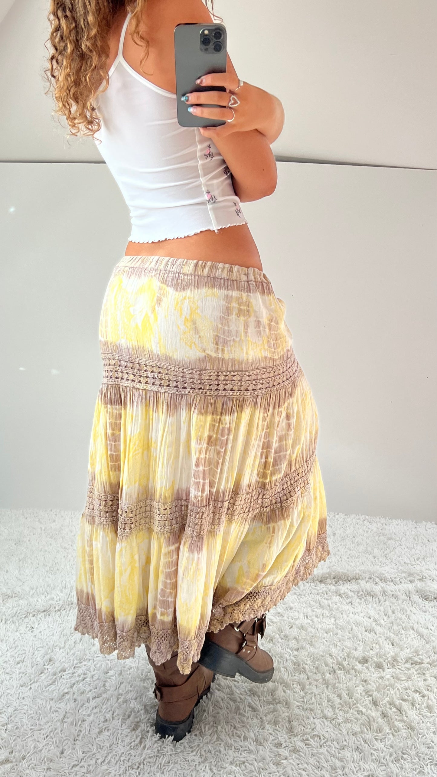 00s boho yellow tiered maxi skirt- size M