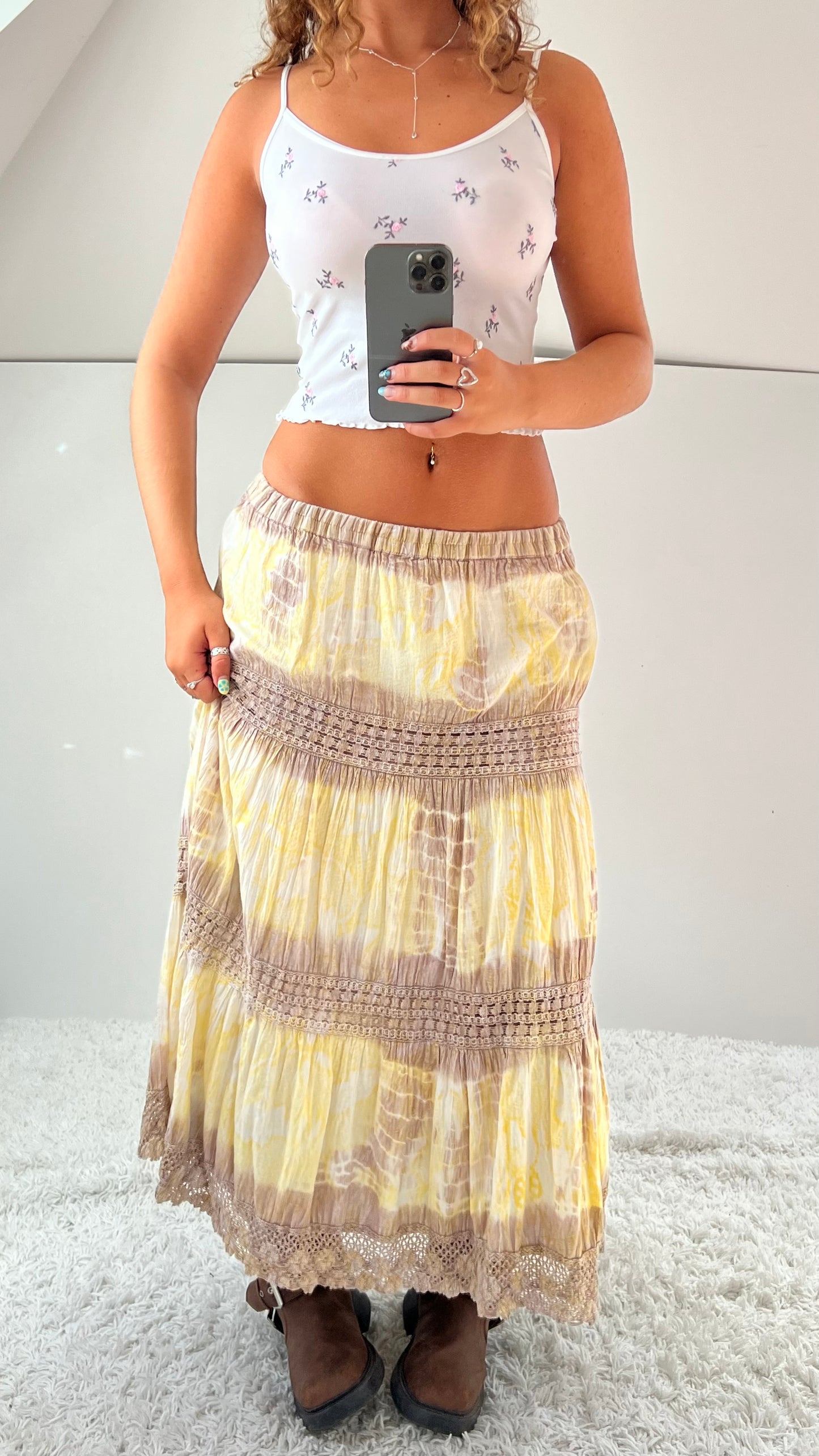 00s boho yellow tiered maxi skirt- size M