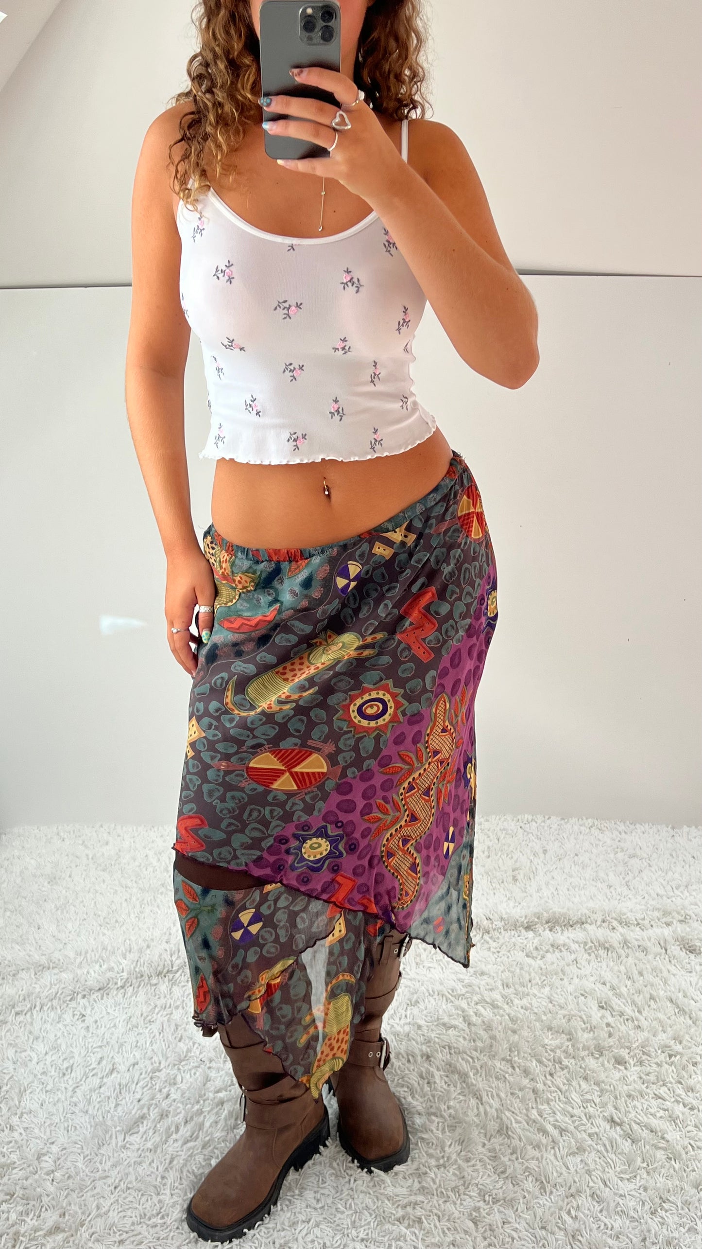 00s khaki patterned mesh midi skirt- size M