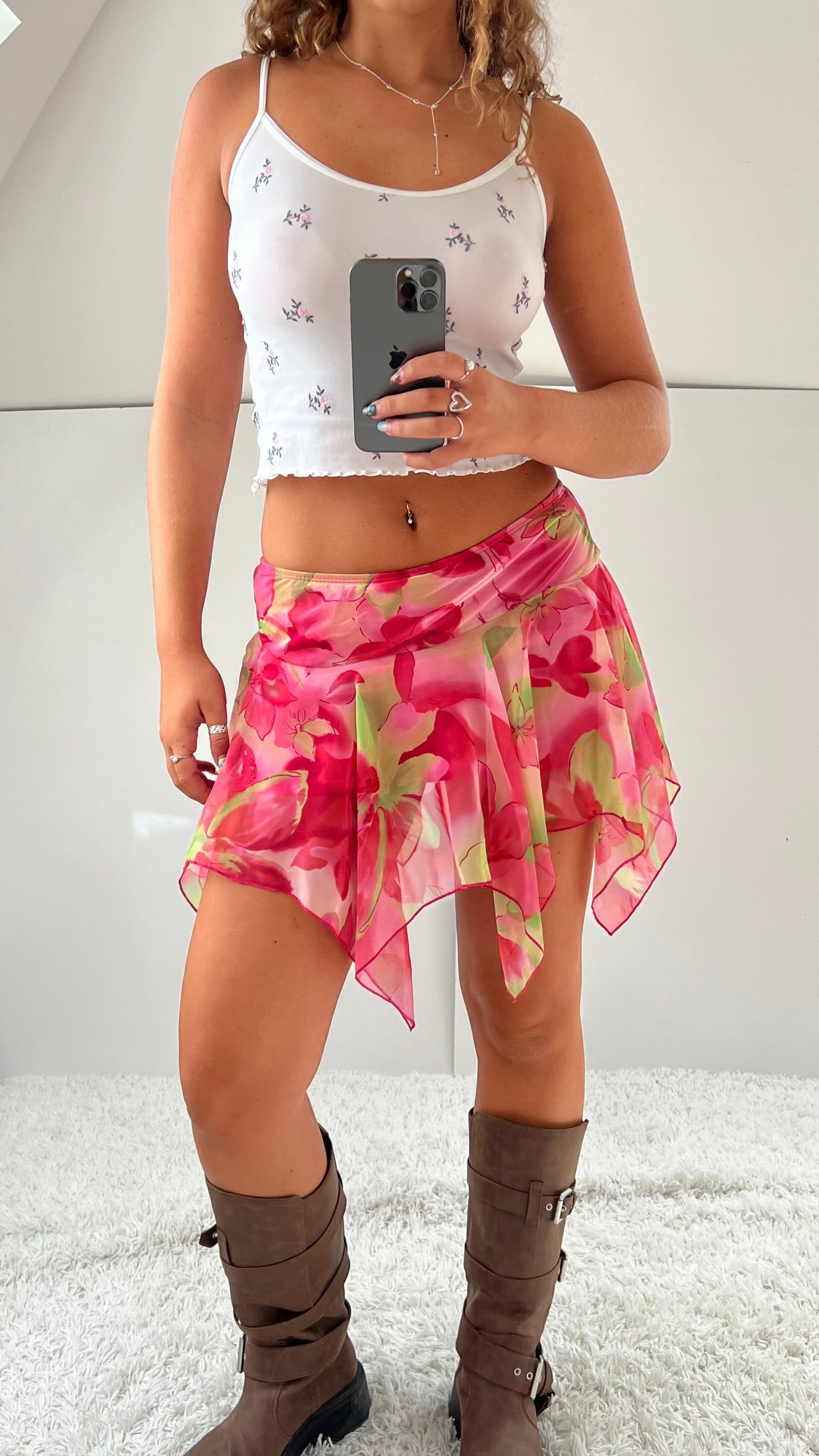00s pink floral mesh mini skirt- size XS