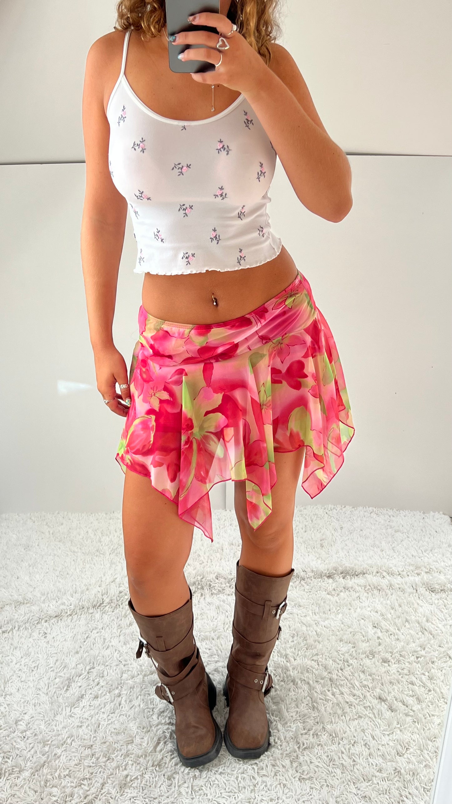 00s pink floral mesh mini skirt- size XS