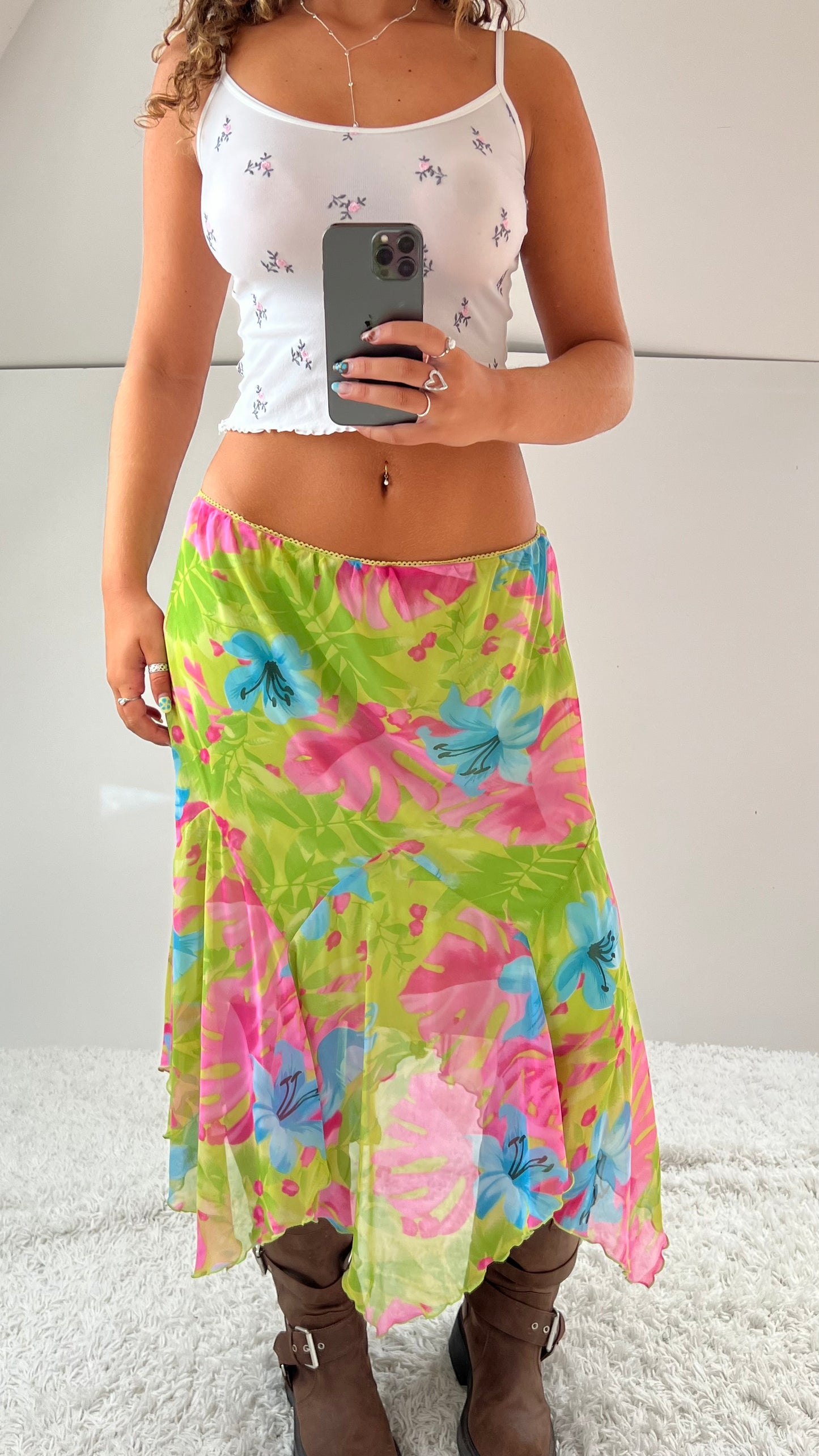 00s green floral mesh midi skirt- size M
