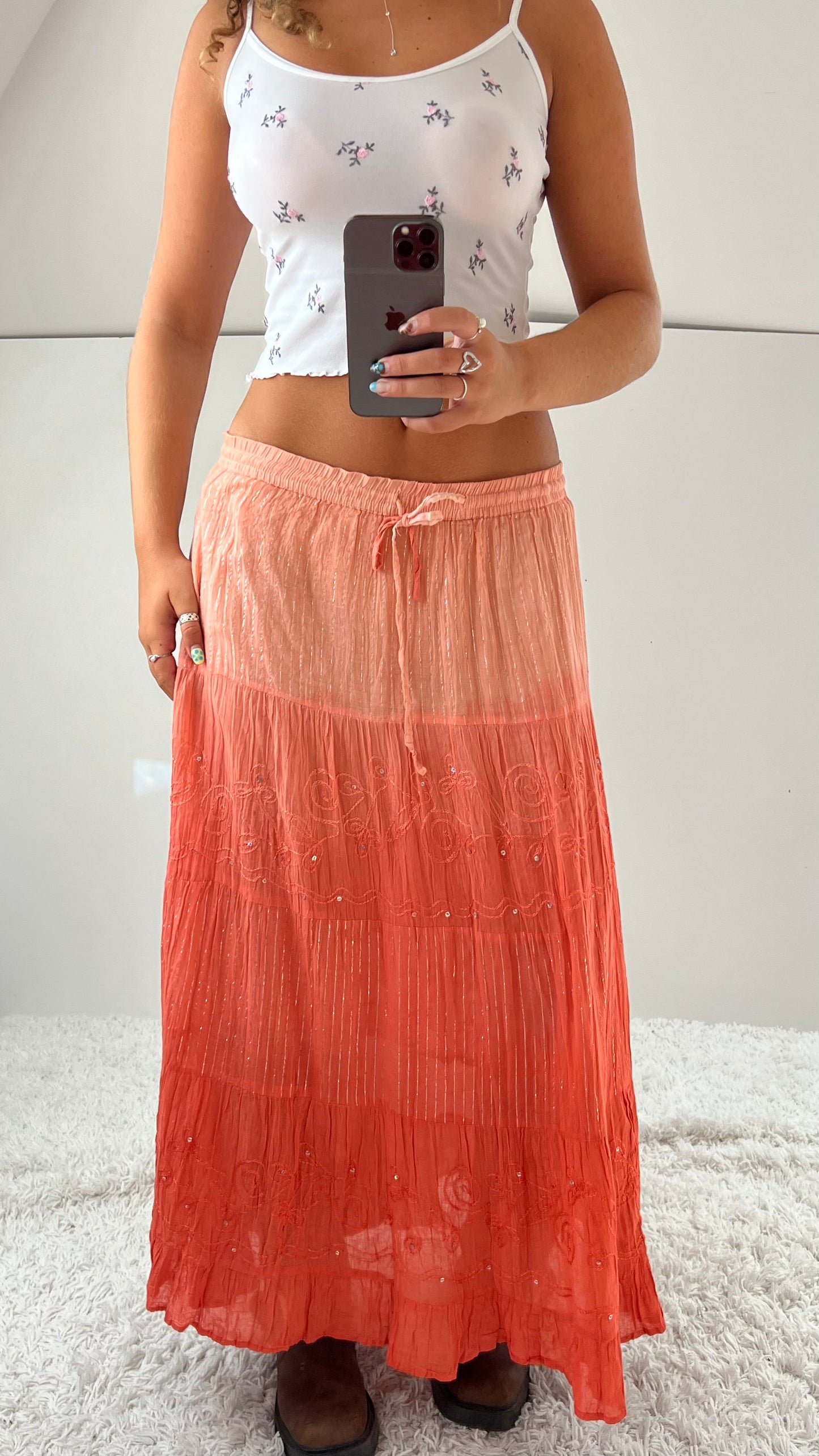 00s orange tiered embroidered maxi skirt- size M