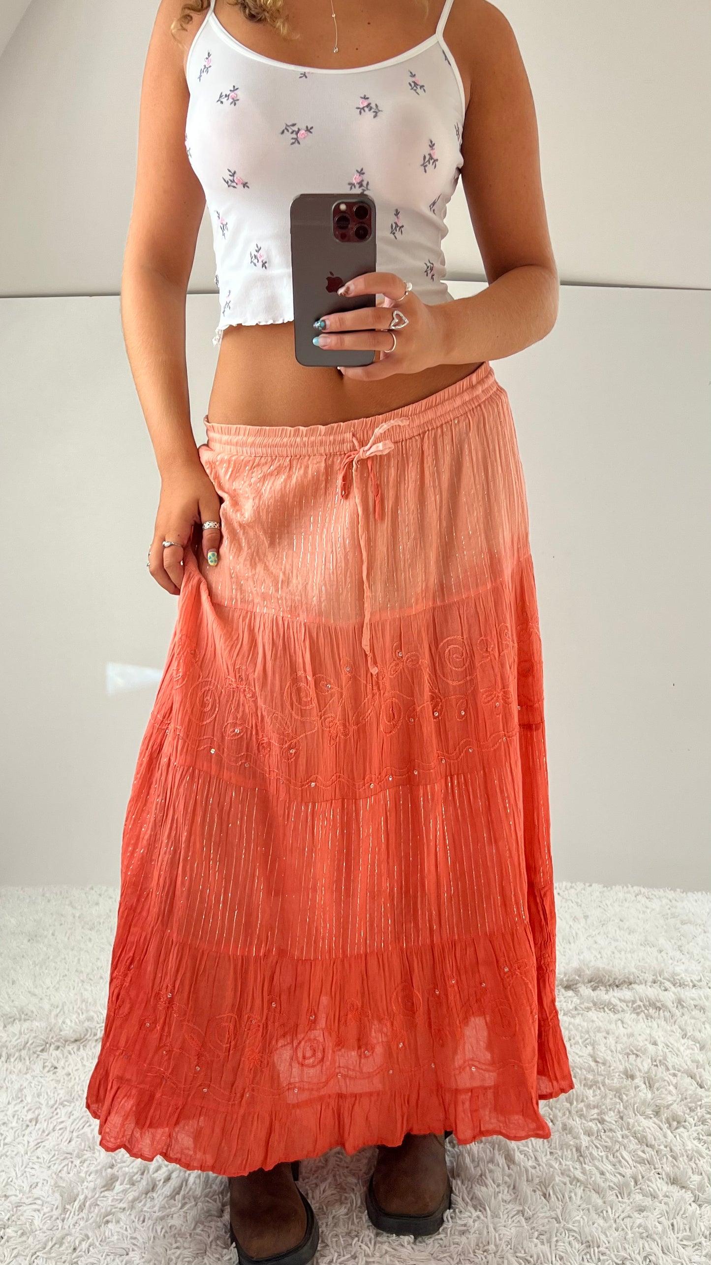 00s orange tiered embroidered maxi skirt- size M