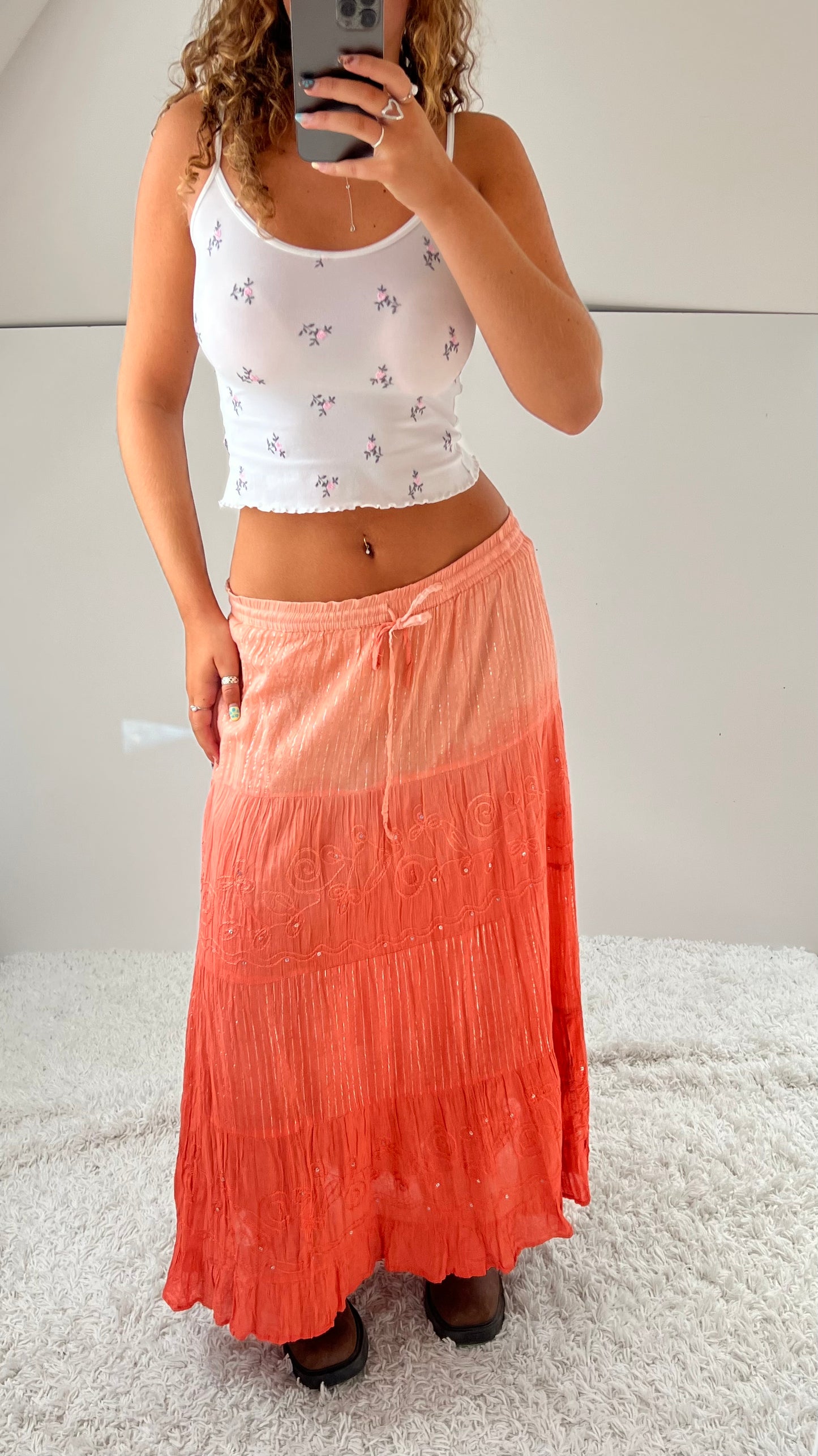 00s orange tiered embroidered maxi skirt- size M