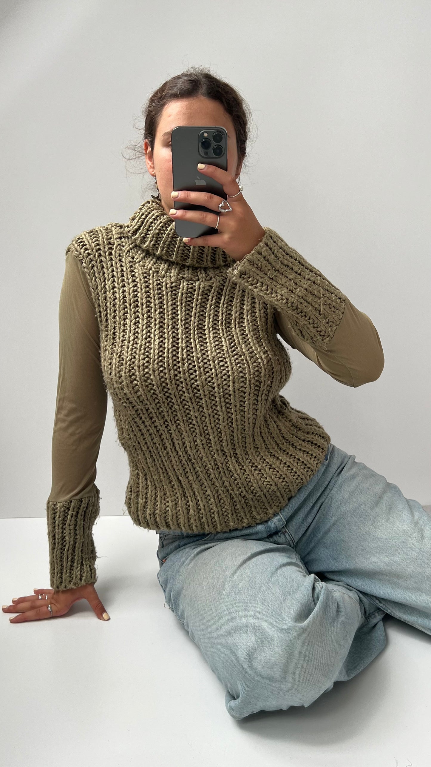 00s chunky knit khaki mesh jumper- size L